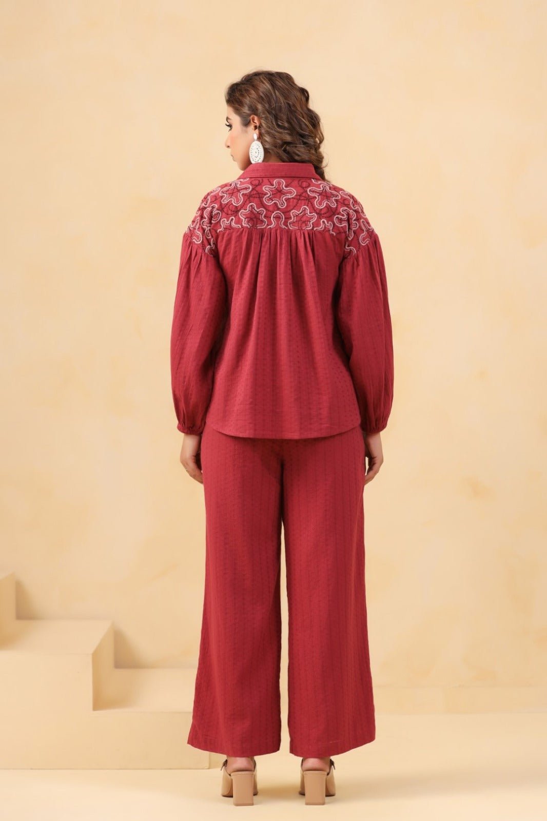 Red Co-ord Set with Thread Embroidered - Freyaa USA & Canada