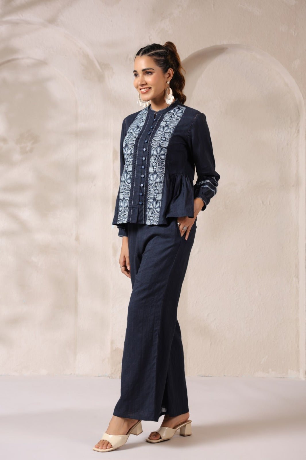 Blue Cotton Co-ord Set with White Thread Work - Freyaa USA & Canada