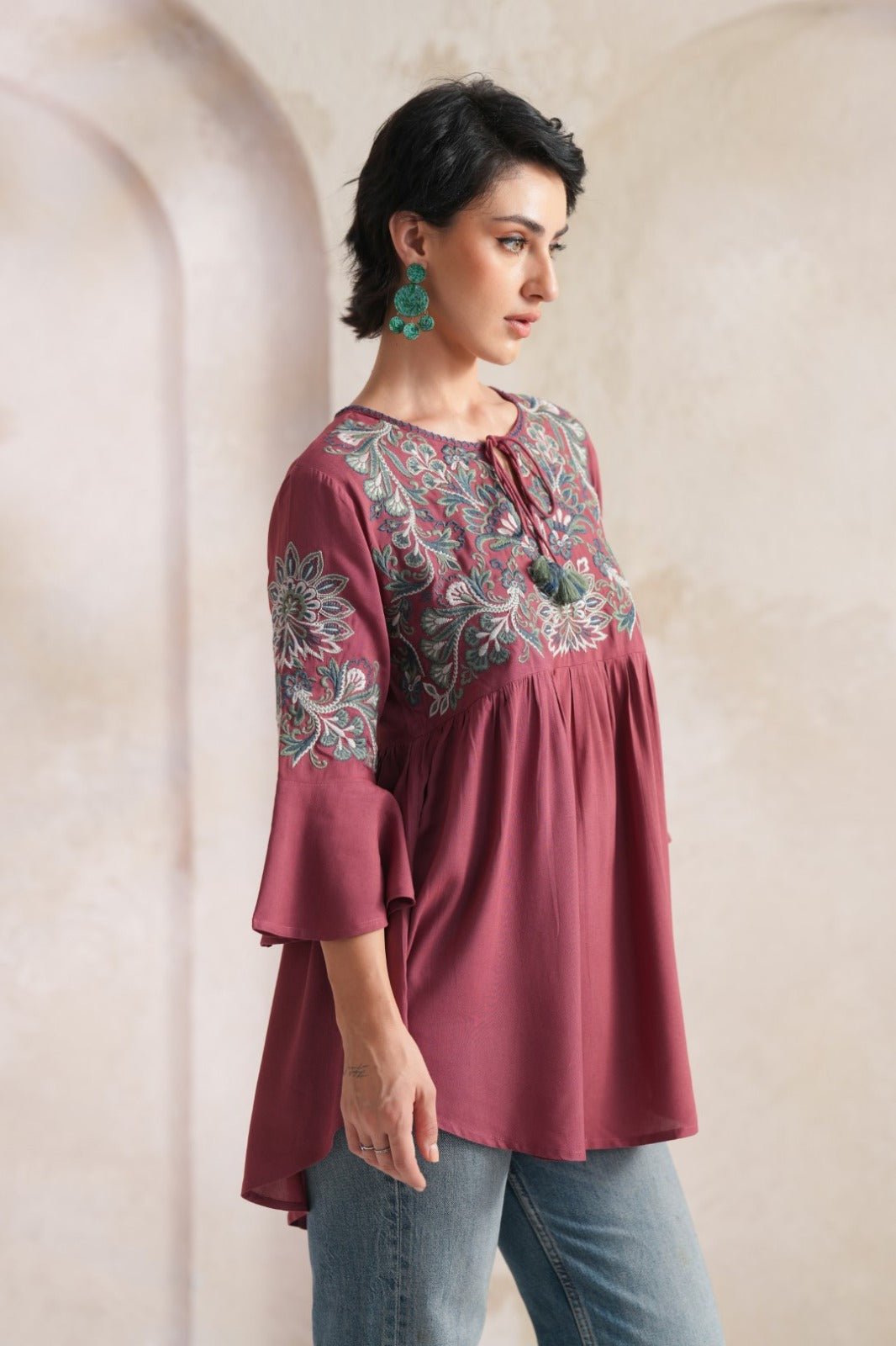 Chic Maroon Embroidered Fashion Top - Freyaa USA & Canada