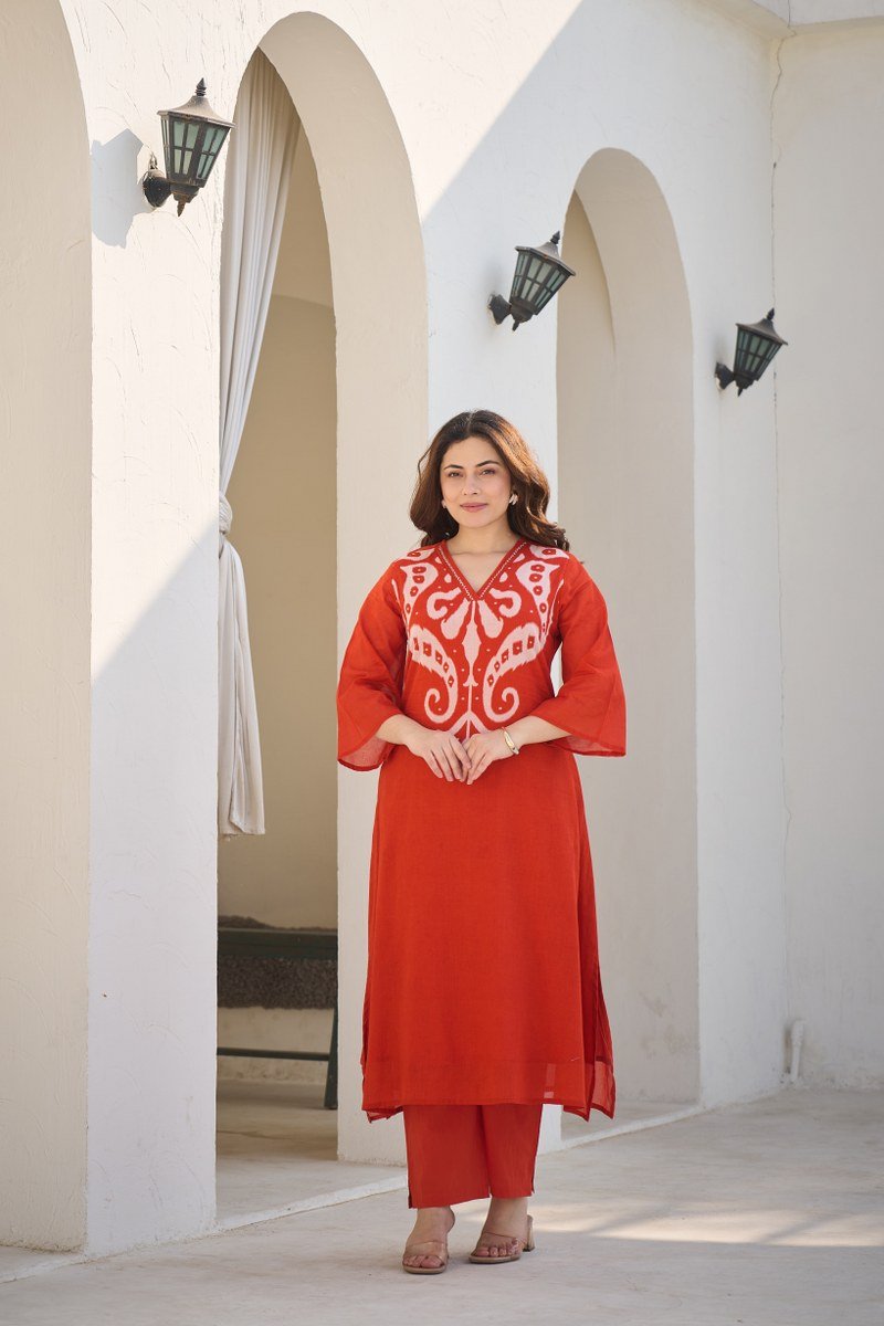 Orange Printed Neck Straight Cut Cotton Co-ord Set - Freyaa USA & Canada