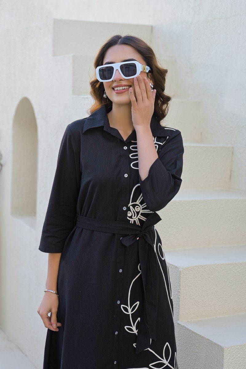 Black Cotton Embroidered Dress with Belt - Freyaa USA & Canada