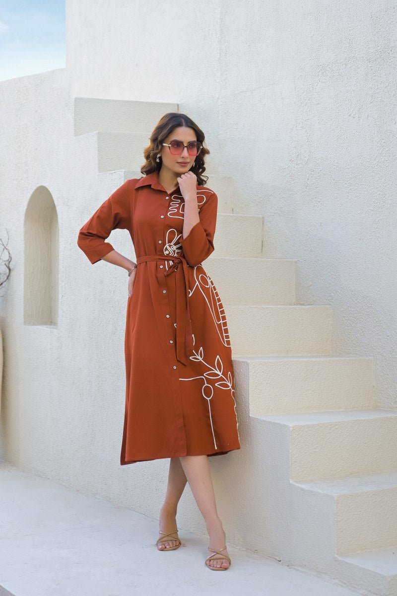 Brown Embroidered Dress with Belt - Freyaa USA & Canada