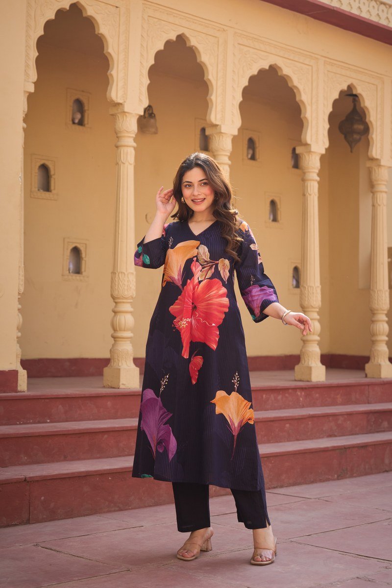 Navy Blue Floral Printed Co-ord Set in Cotton Fabric - Freyaa USA & Canada