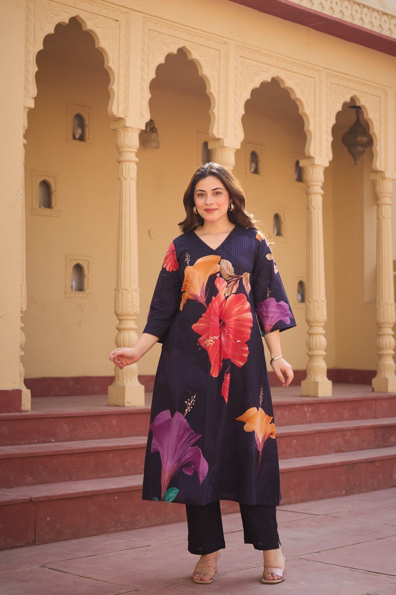 Navy Blue Floral Printed Co-ord Set in Cotton Fabric - Freyaa USA & Canada