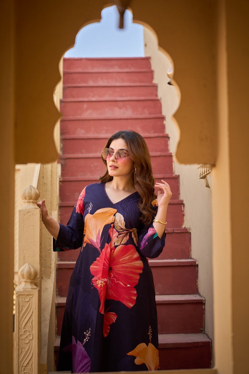 Navy Blue Floral Printed Co-ord Set in Cotton Fabric - Freyaa USA & Canada
