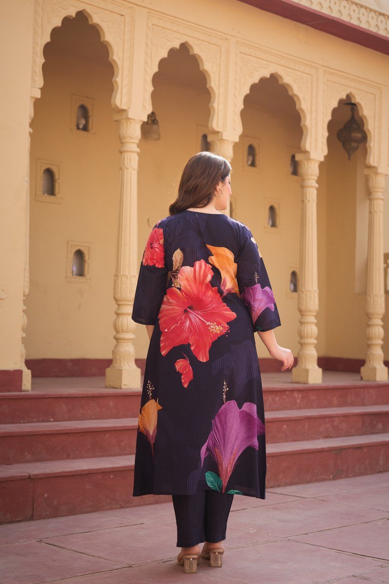 Navy Blue Floral Printed Co-ord Set in Cotton Fabric - Freyaa USA & Canada