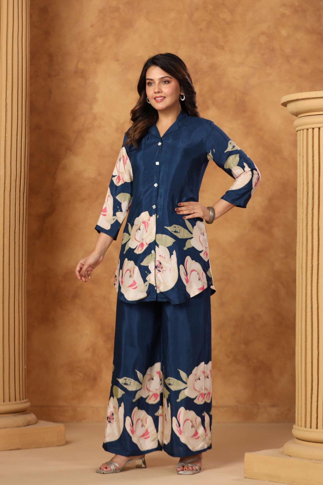 Blue Satin Co-ord Set with Bold Floral Print - Freyaa USA & Canada