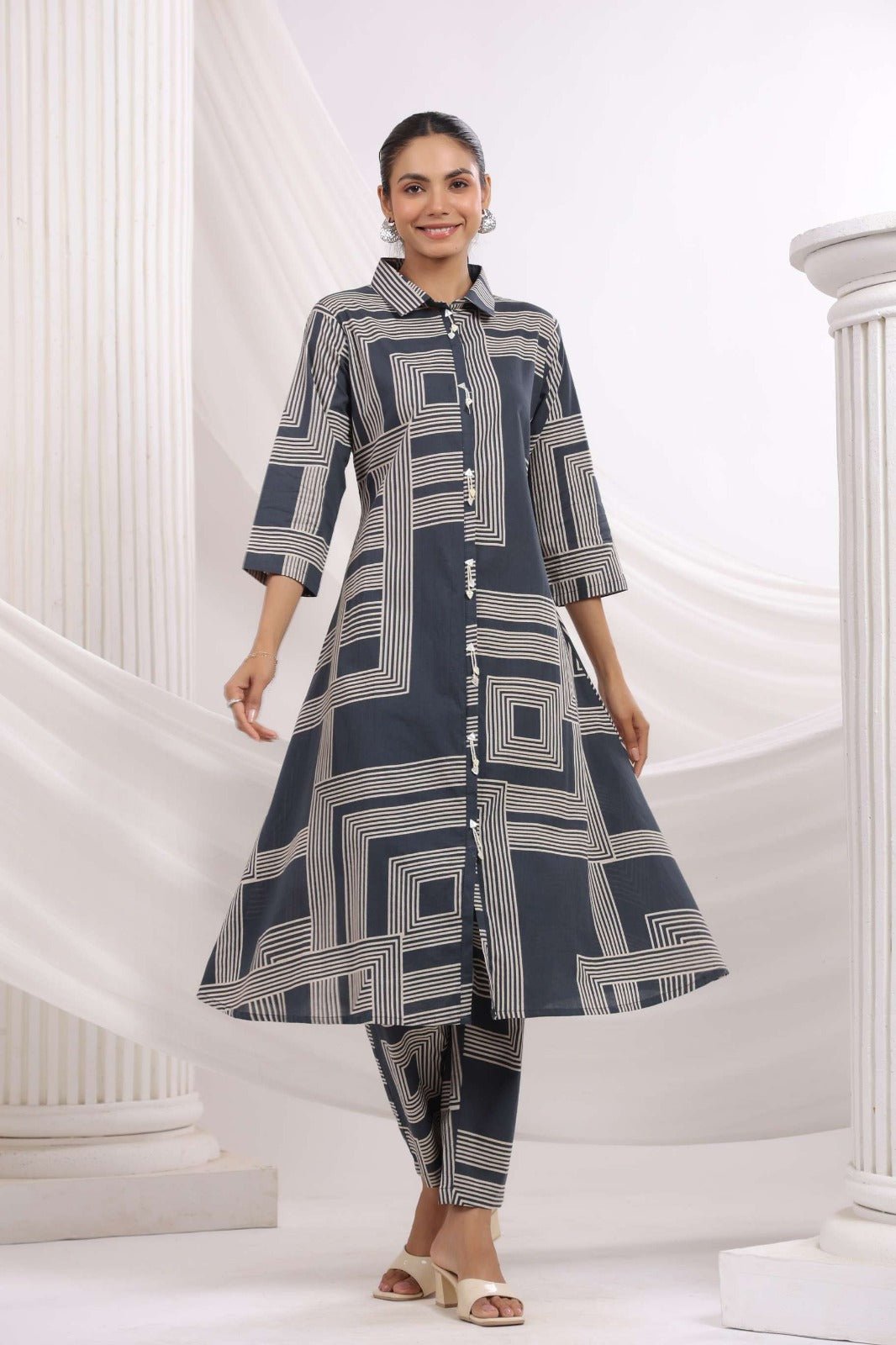 Grey Long Kurta Style Co-ord Set with Abstract Print - Freyaa USA & Canada