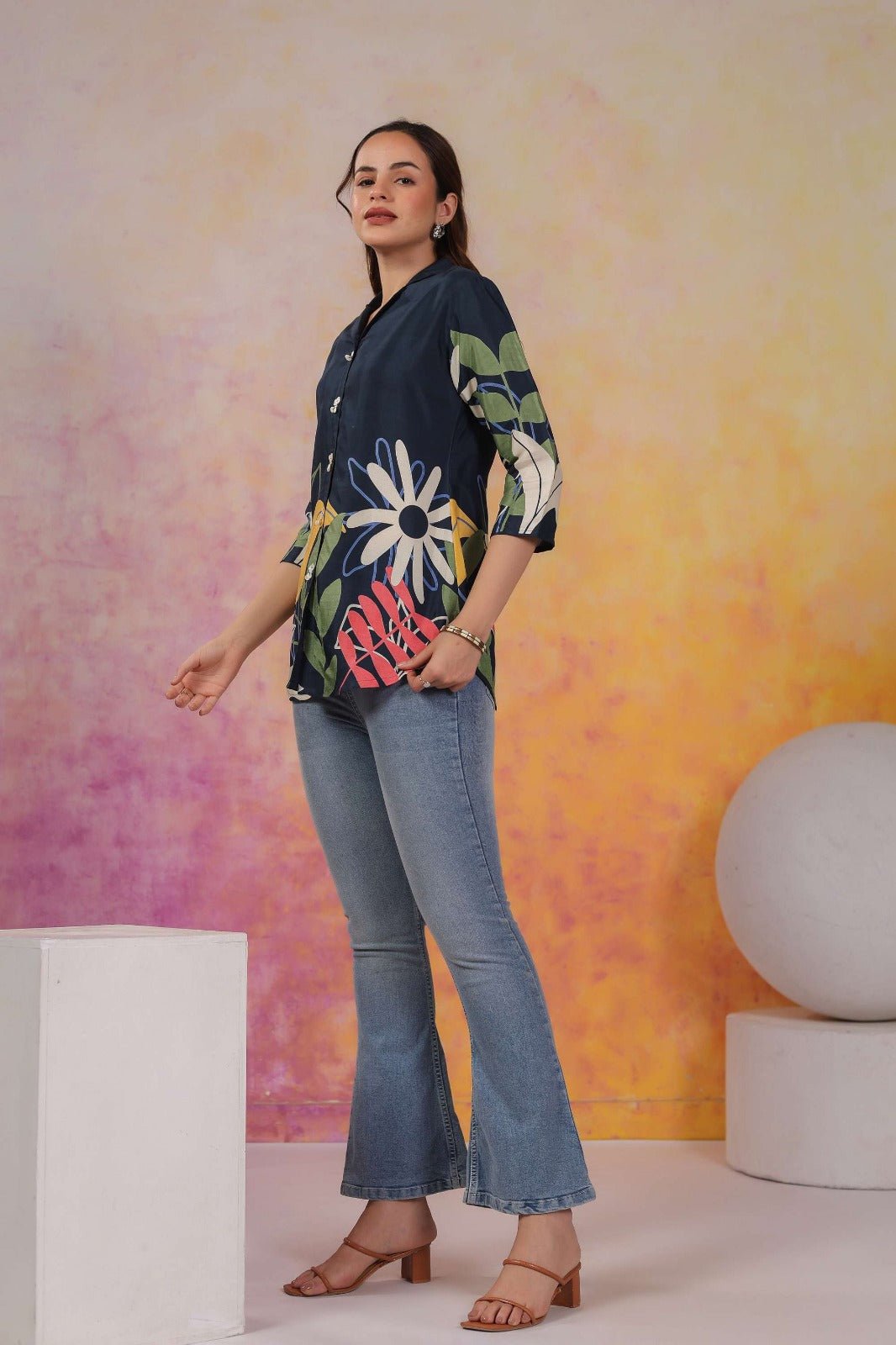 Blue Floral Printed Cotton Top - Freyaa USA & Canada