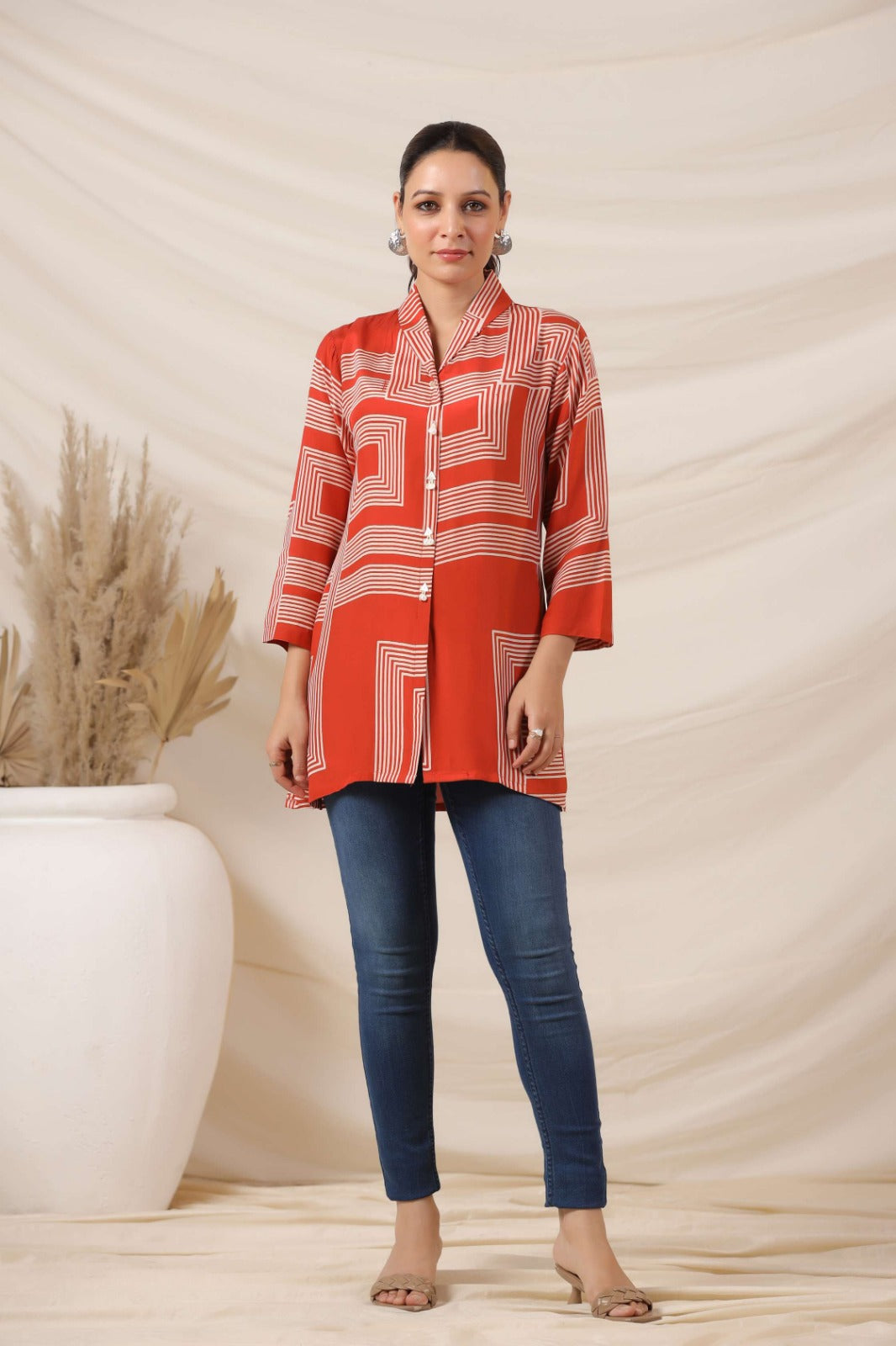 Rust Cotton Top with Geometric Pattern