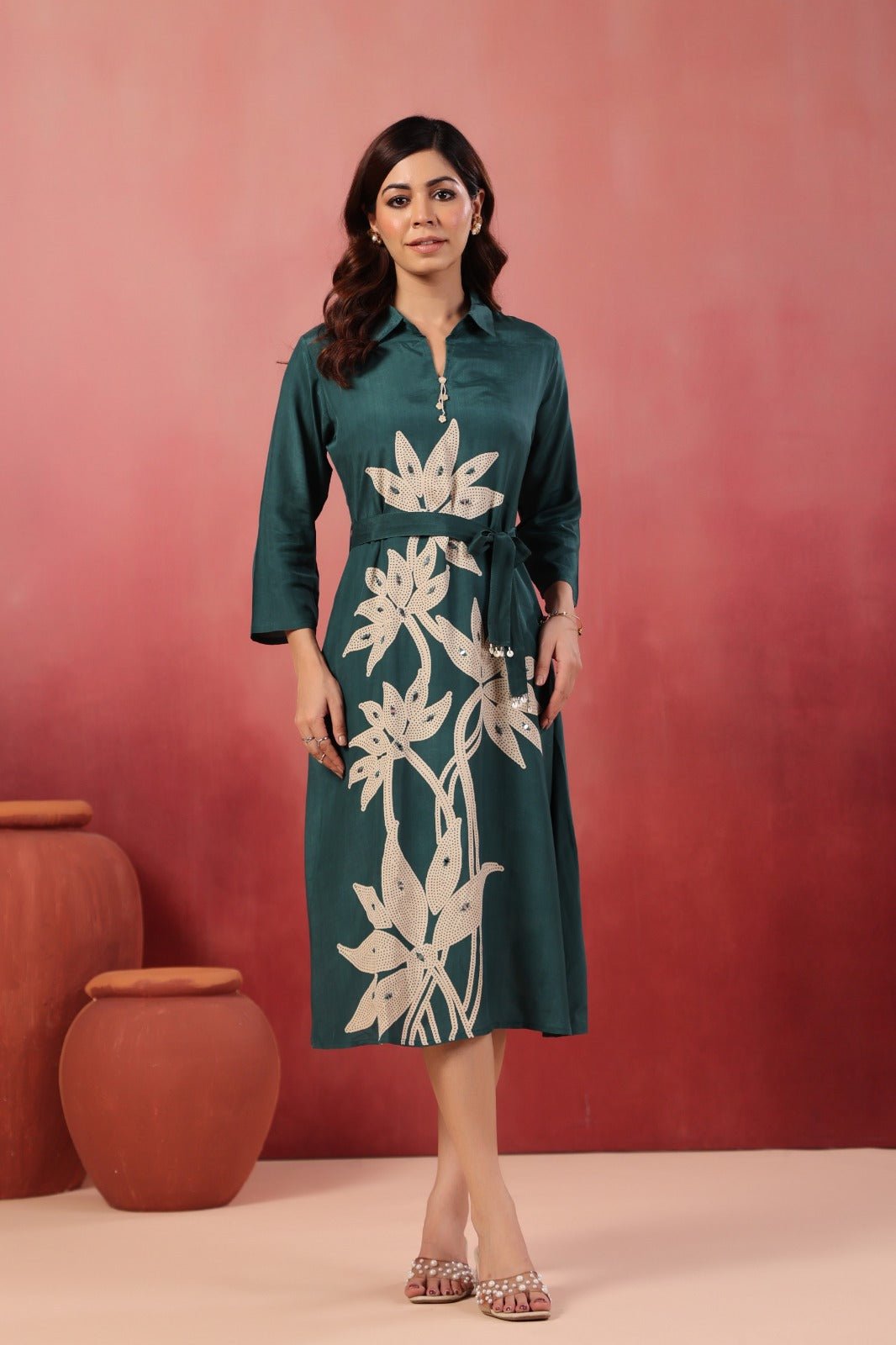 Rama Satin Long Dress with Golden Floral Embroidery - Freyaa USA & Canada