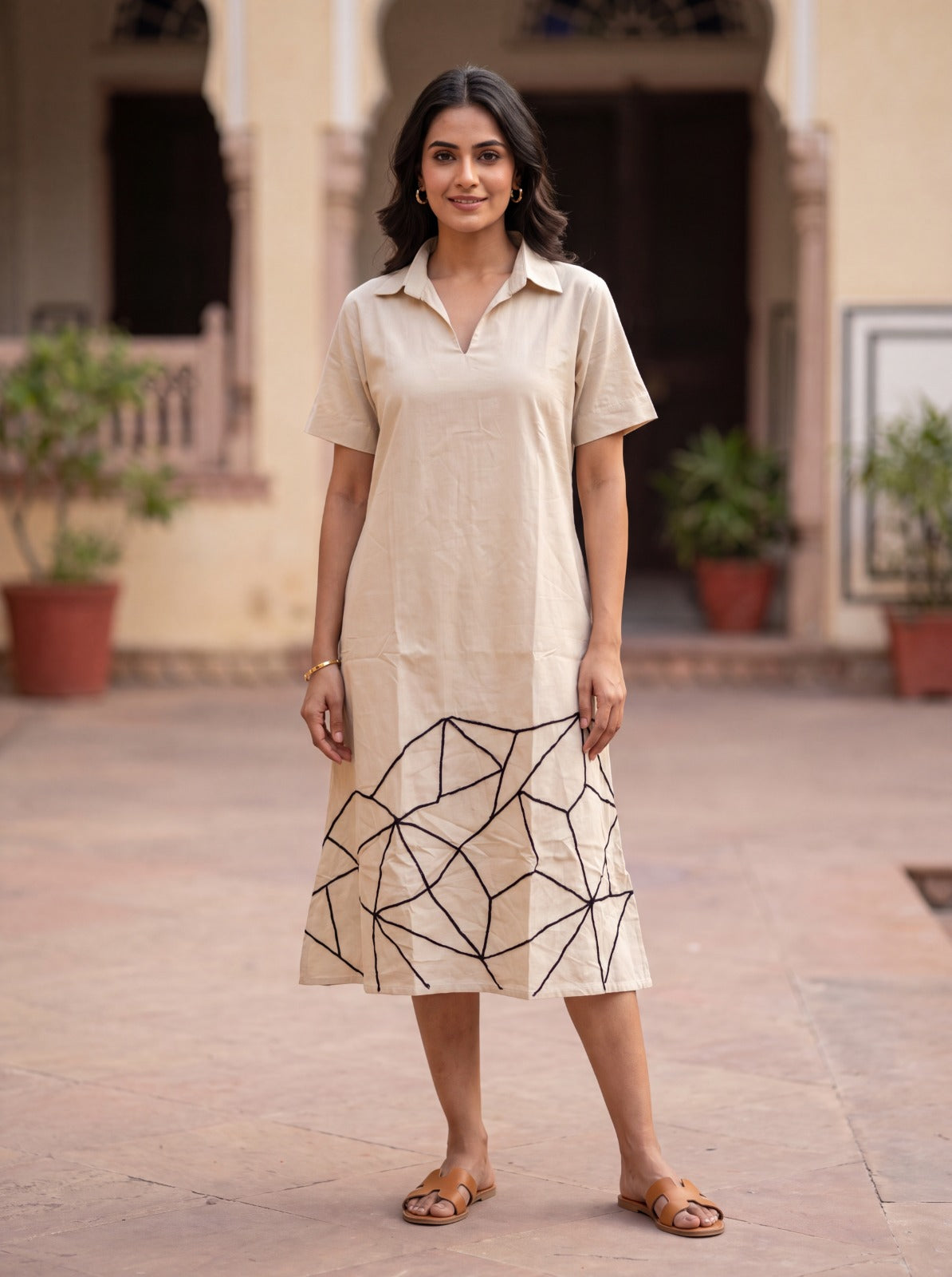 Women's Natural Cotton Flex Midi Dress with Abstract Embroidered Hem - Freyaa USA & Canada