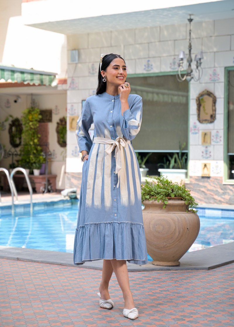Blue Shirt Long Dress with Belt