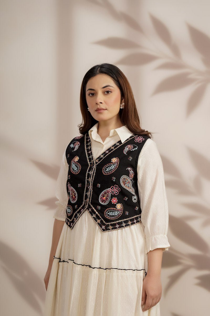 White Long Dress with Elegant Thread Embroidery Vest Jacket. - Freyaa USA & Canada