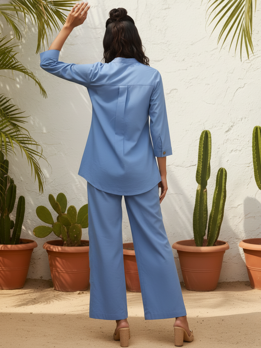 Blue Solid Chic Cotton Cord Set