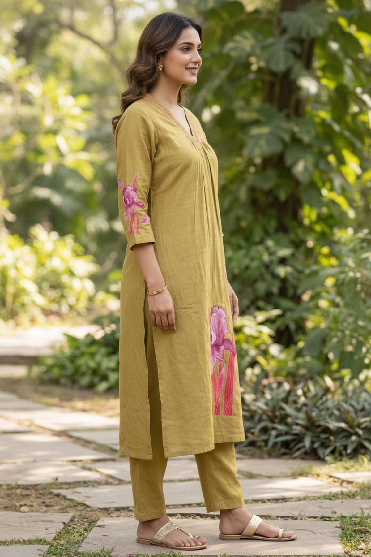 Olive Green Mul Cotton Floral Hand Painted Straight Kurta Co-Ord Set - Freyaa