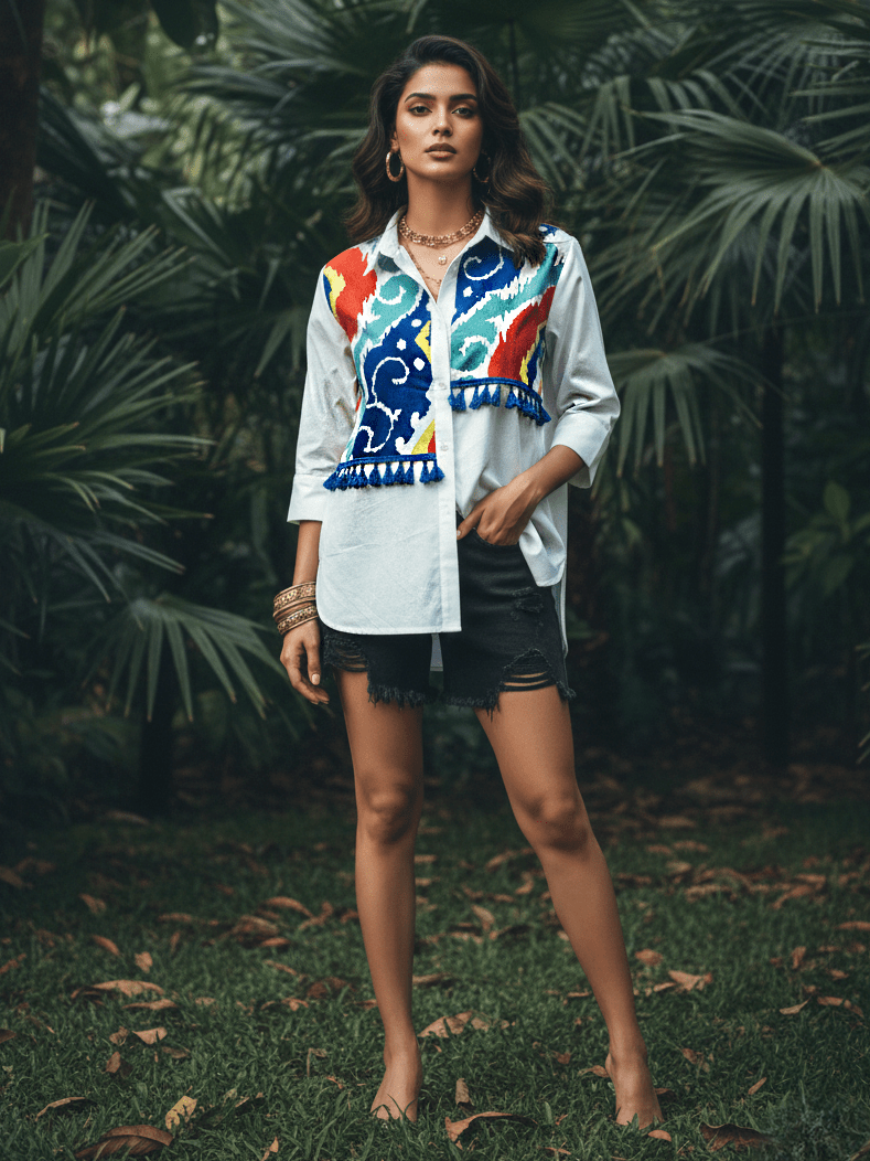 White Multicolor Thread Embroidered Cotton Shirt - Freyaa USA & Canada