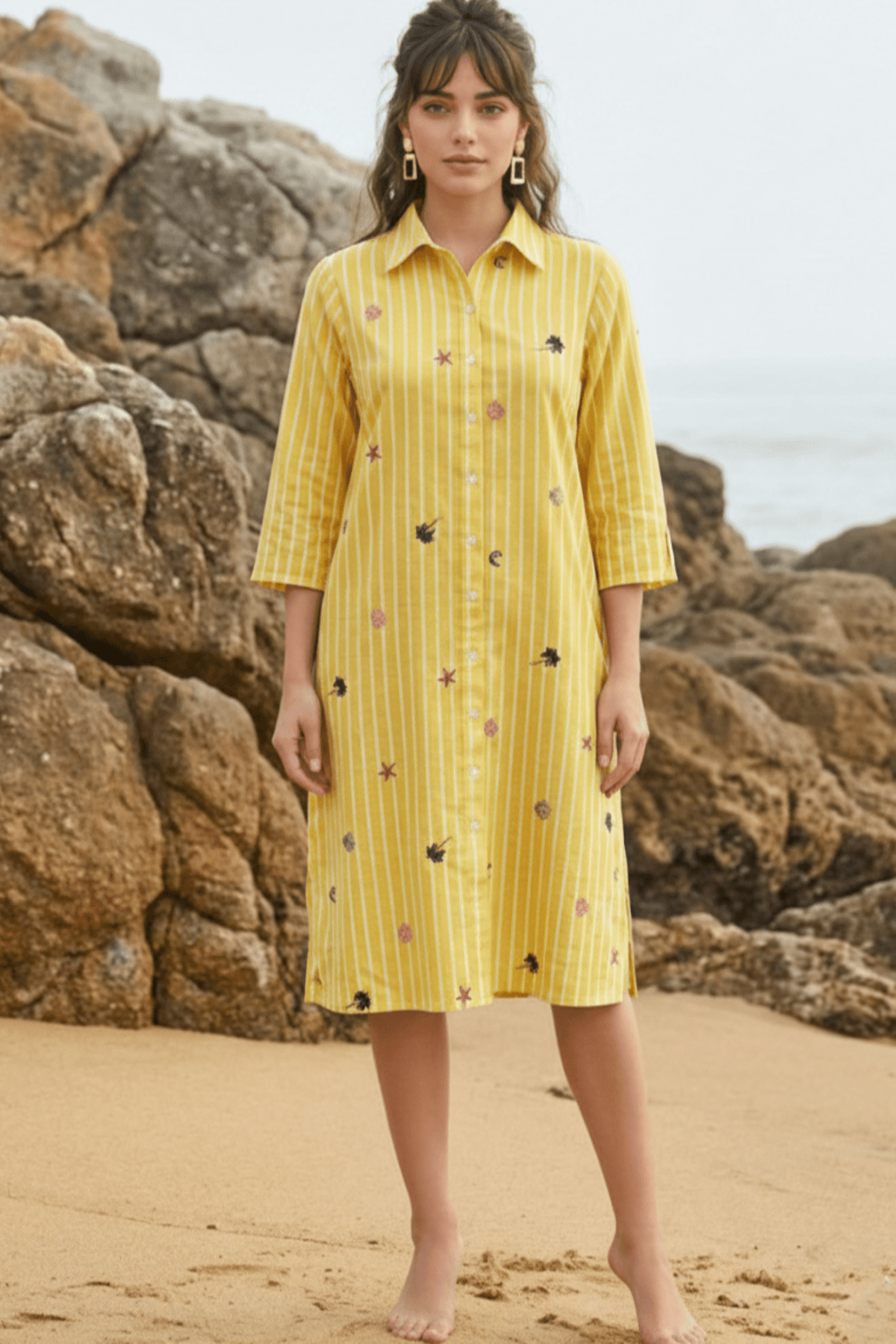 Yellow Striped Embroidered Shirt Dress - Freyaa