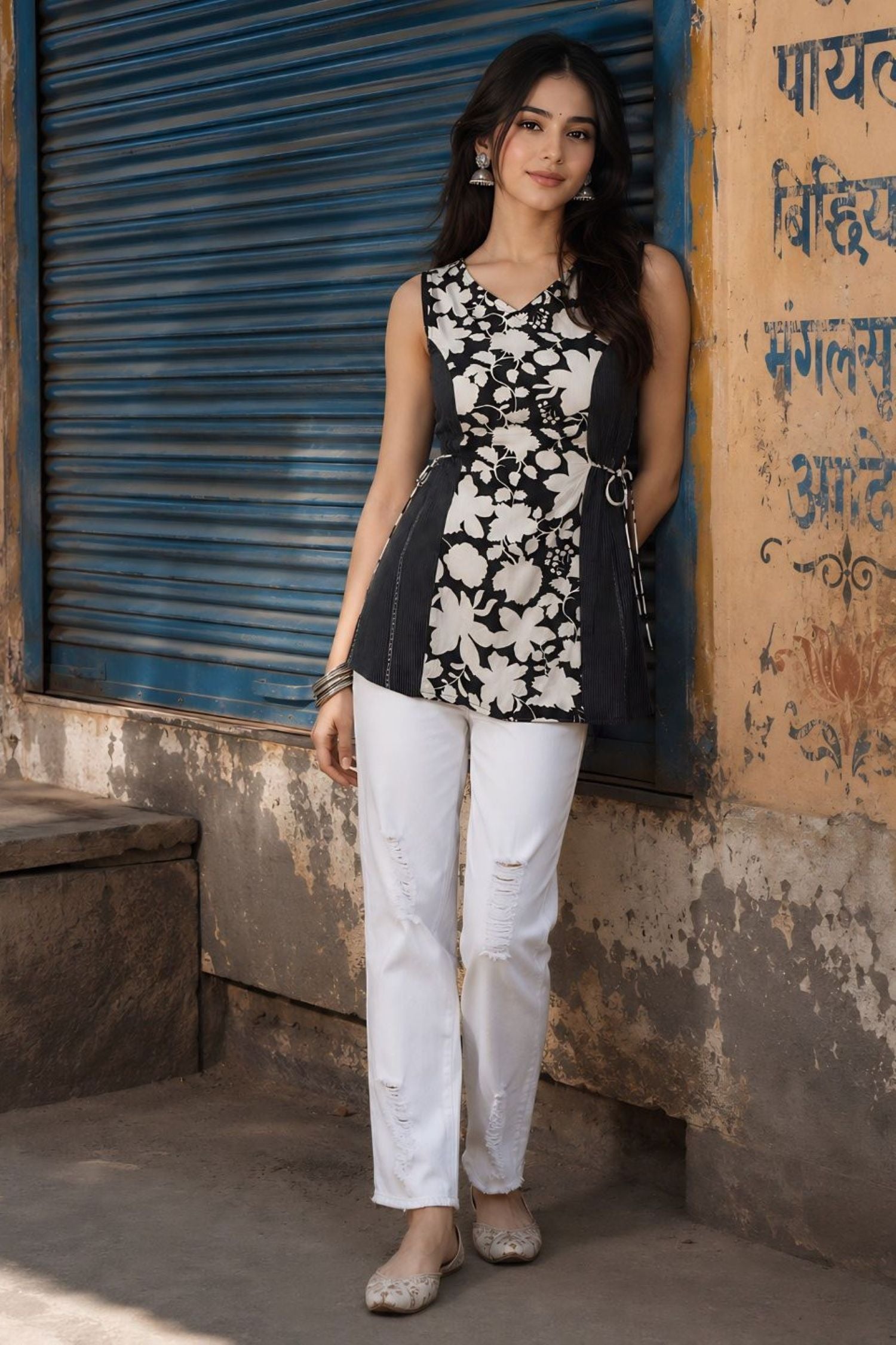 Black & White Floral Sleeveless Top