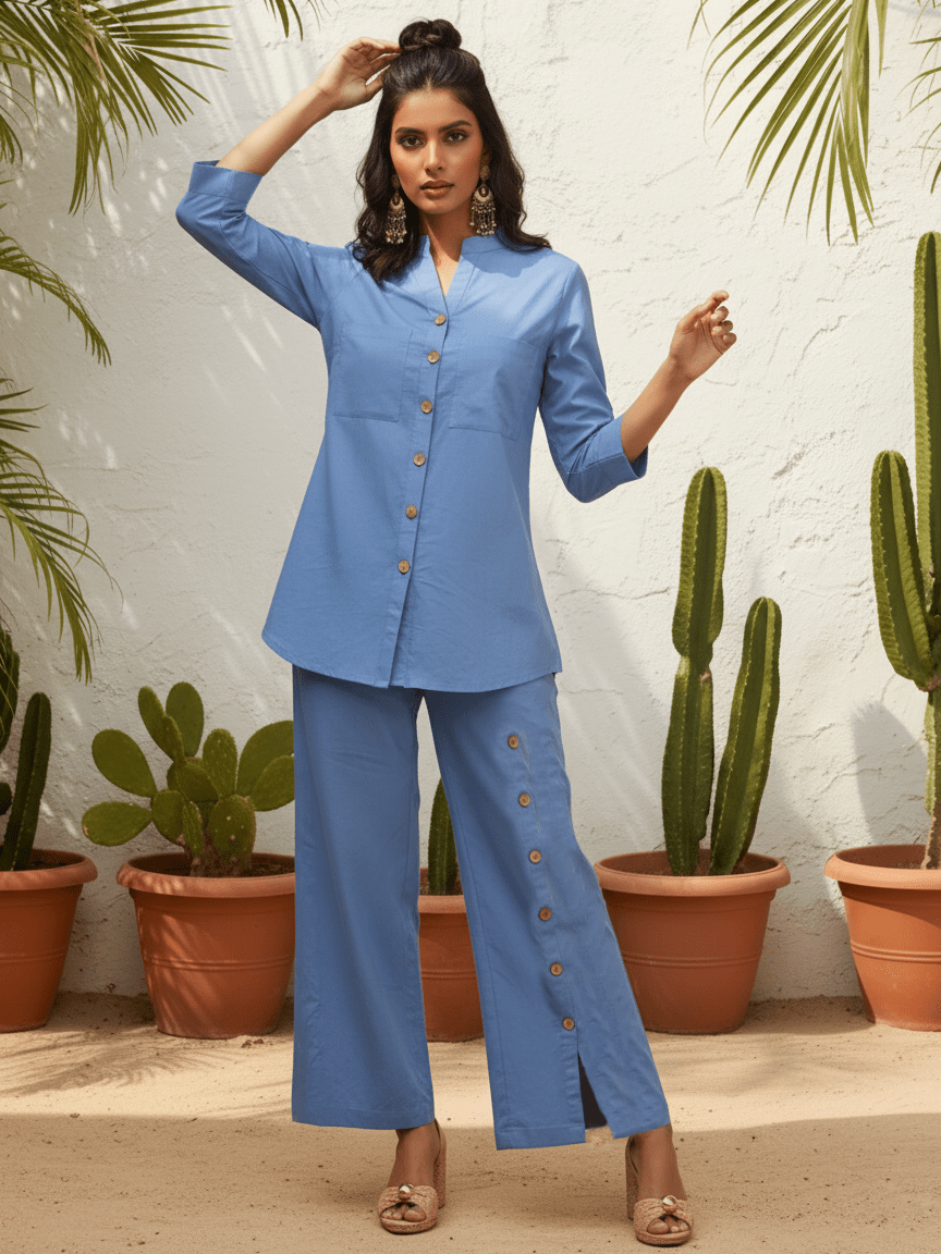 Blue Solid Chic Cotton Cord Set - Freyaa USA & Canada