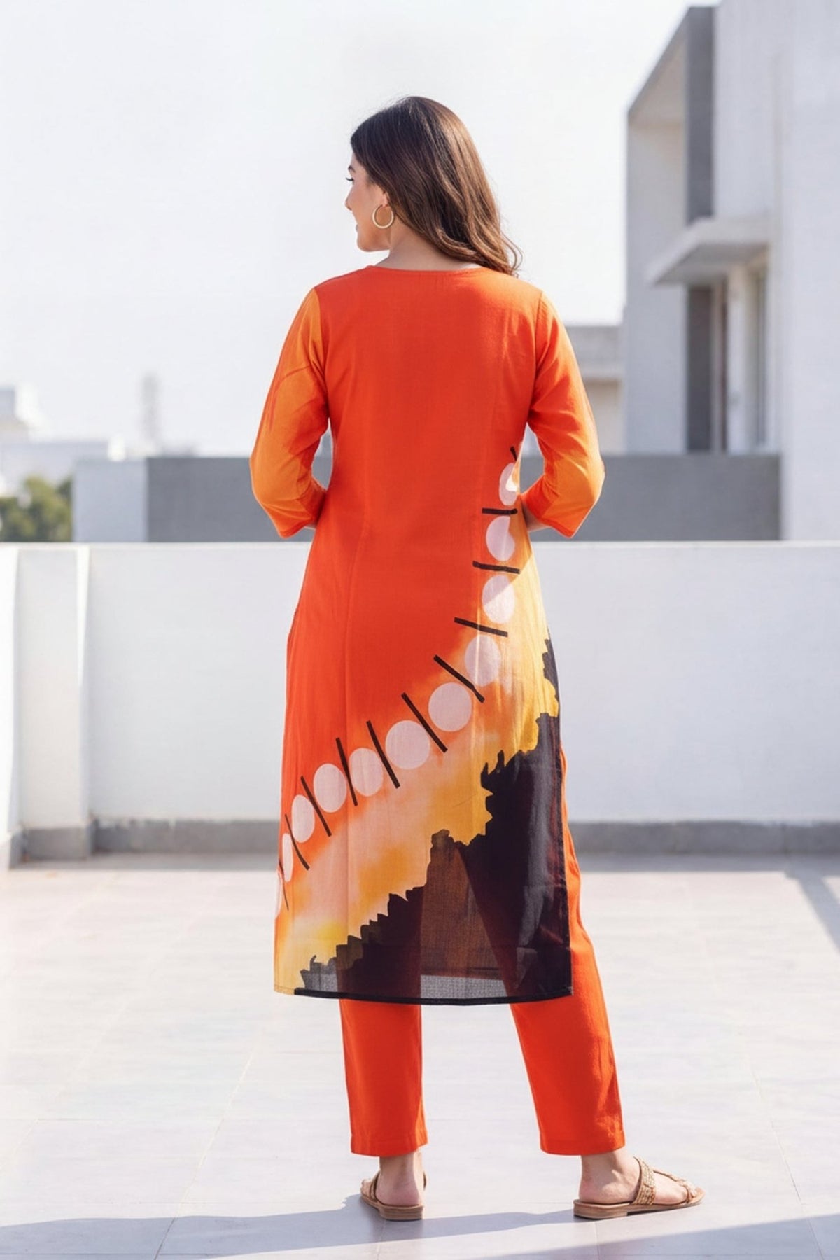 Orange & Black Asymmetric Layered Cotton Kurta Co-Ord Set - Freyaa