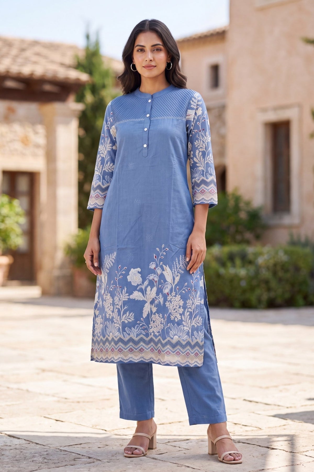 Powder Blue Floral Border CordSet - Freyaa