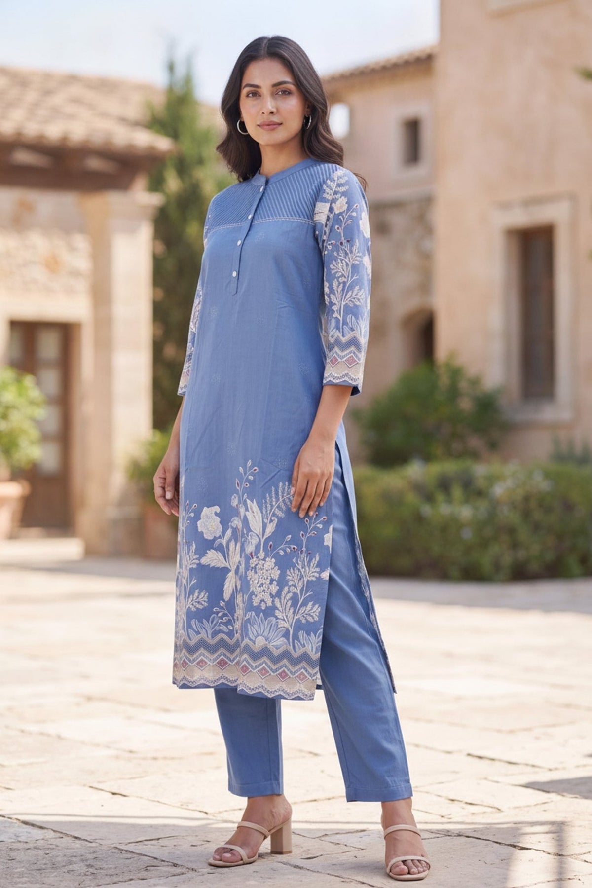 Powder Blue Floral Border CordSet - Freyaa
