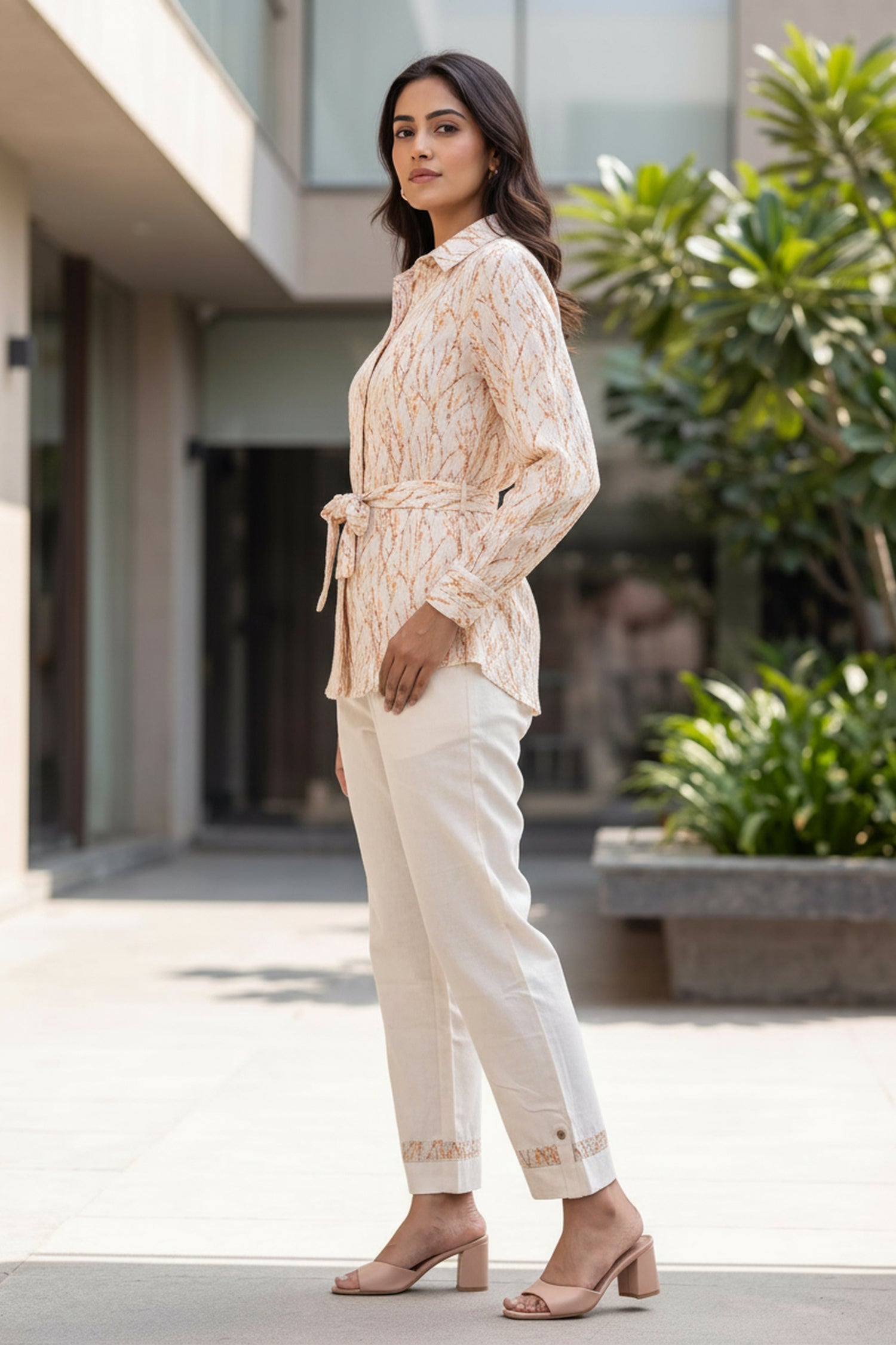 Light Peach Pink Patterned Tie- Waist Cotton Co-Ord Set