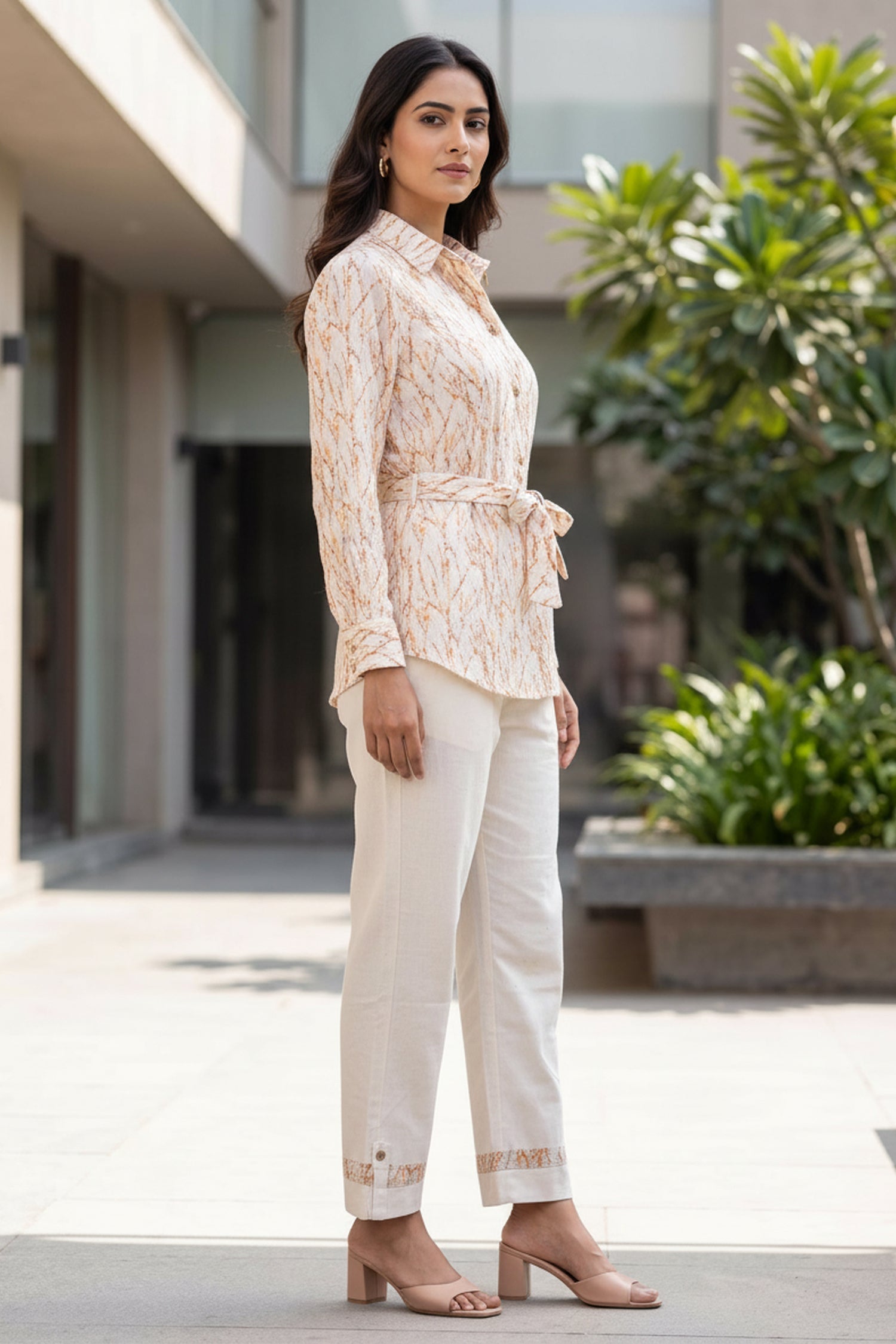Light Peach Pink Patterned Tie- Waist Cotton Co-Ord Set