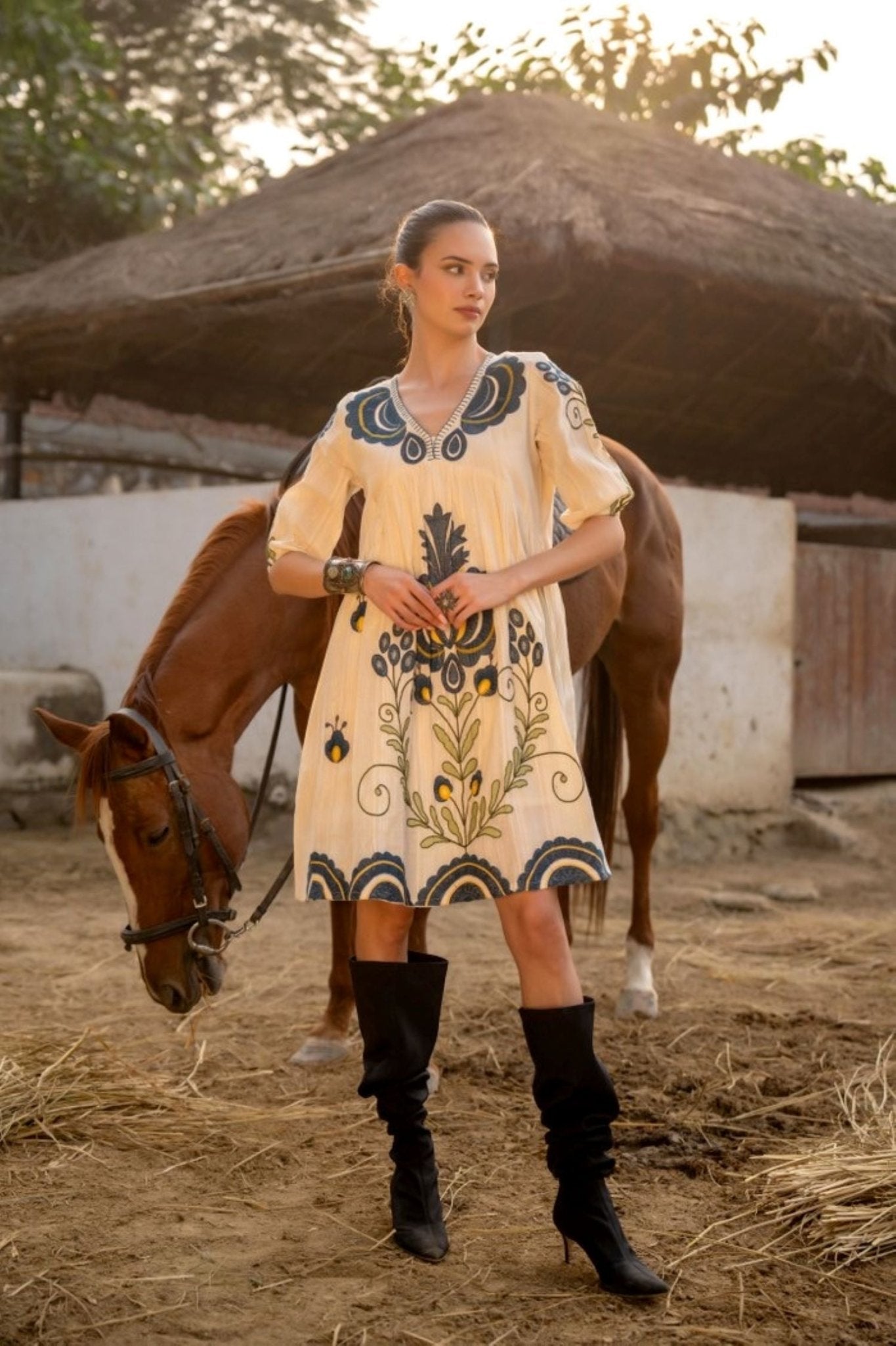 Soft Cream Tunic with Artistic Embroidery Detail - Freyaa USA & Canada