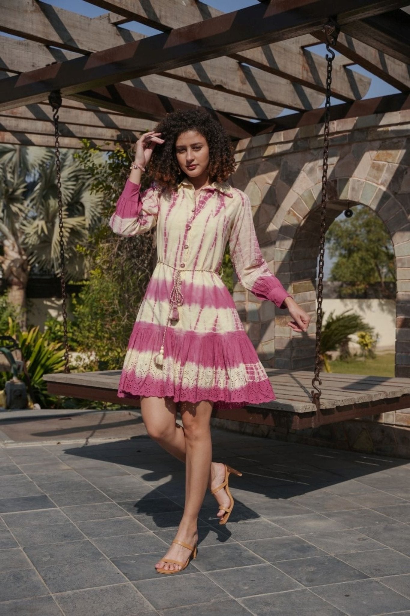 Chic Pink Tie-Dye Tunic with Collared Neckline - Freyaa USA & Canada