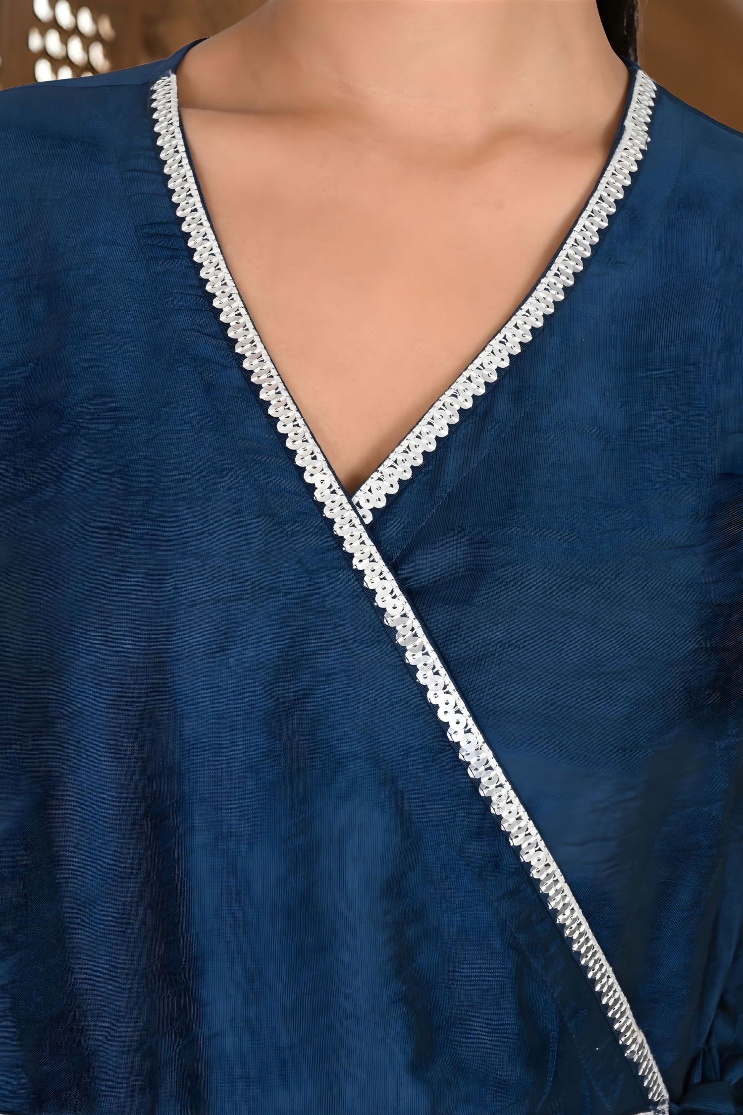 Blue Wrap-Style Asymmetric Top