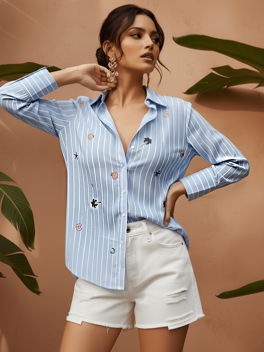 Blue Striped Embroidered Shirt with Button-Down Front - Freyaa USA & Canada