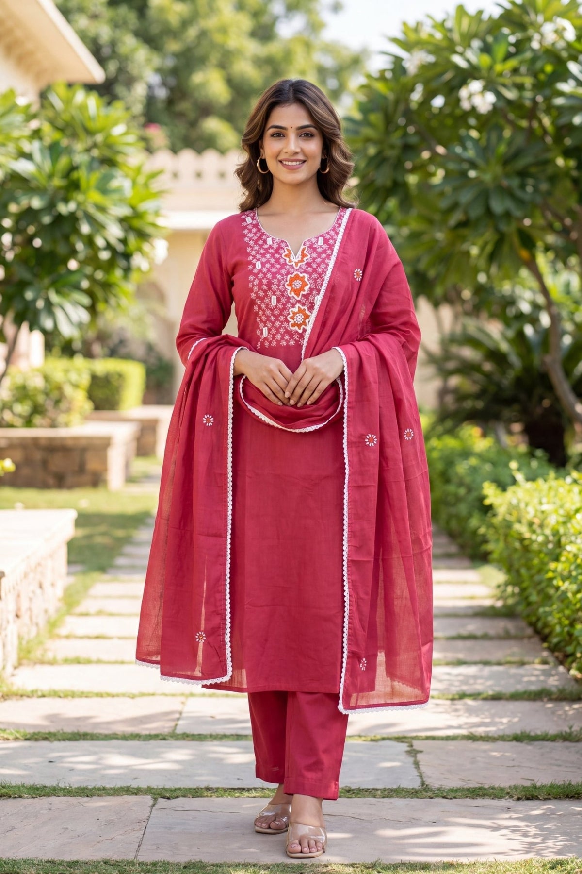 Freyaa Mul Cotton Pink Embroidered Straight Kurta Set with Dupatta - Freyaa