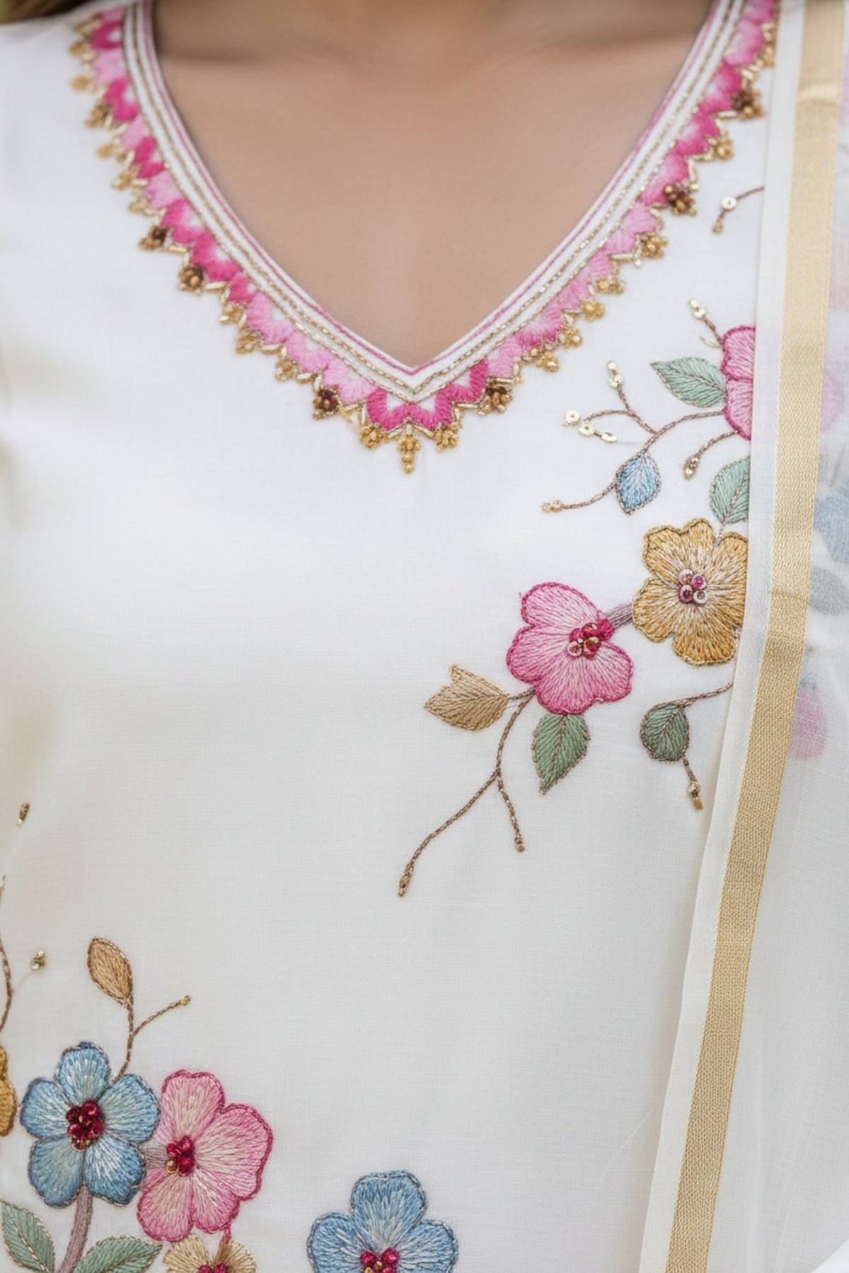 Off-White Floral Hand-Embroidered Mul Chanderi Kurta Set with Dupatta - Freyaa