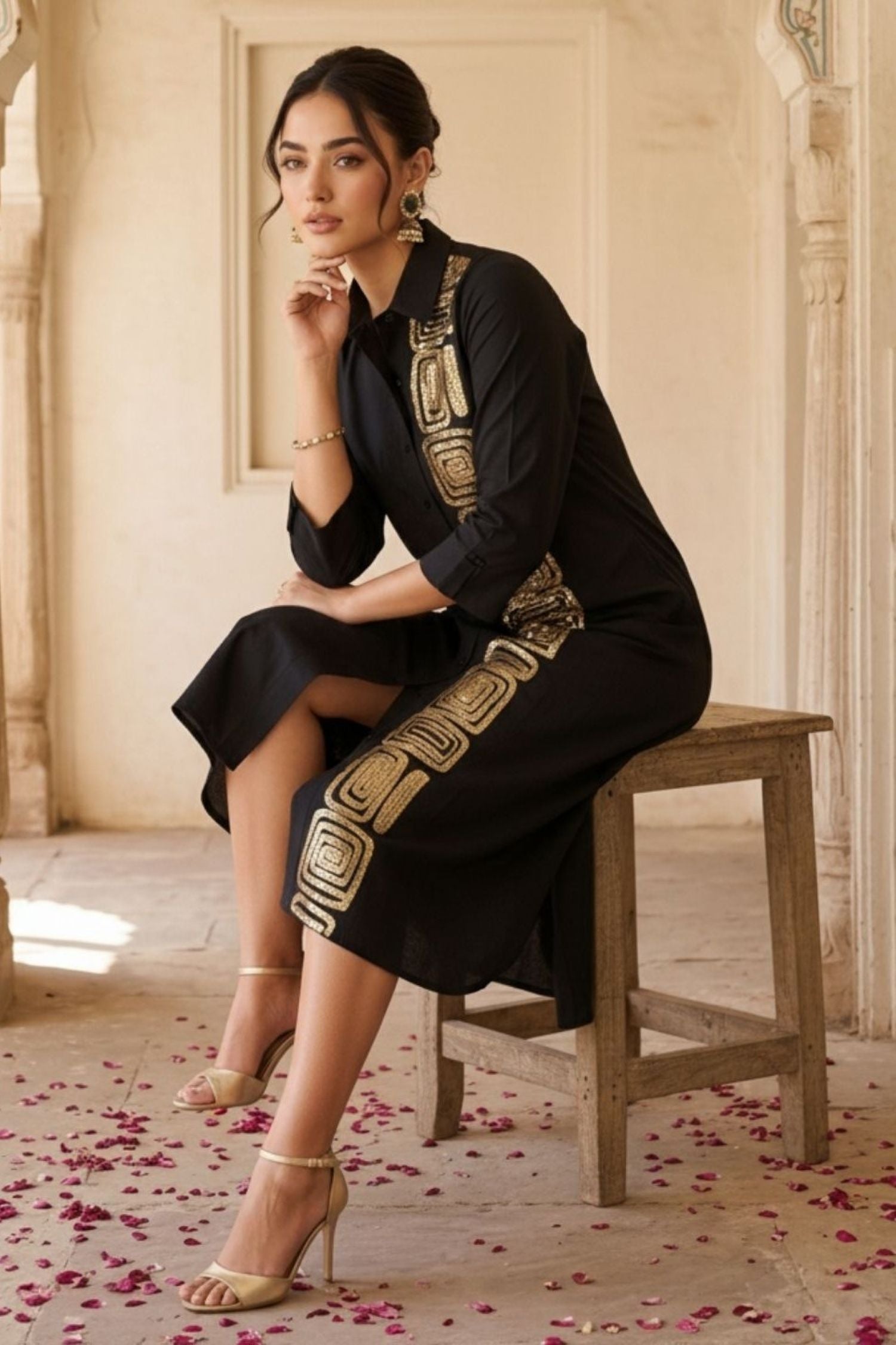 Black Embroidered Shirt Dress