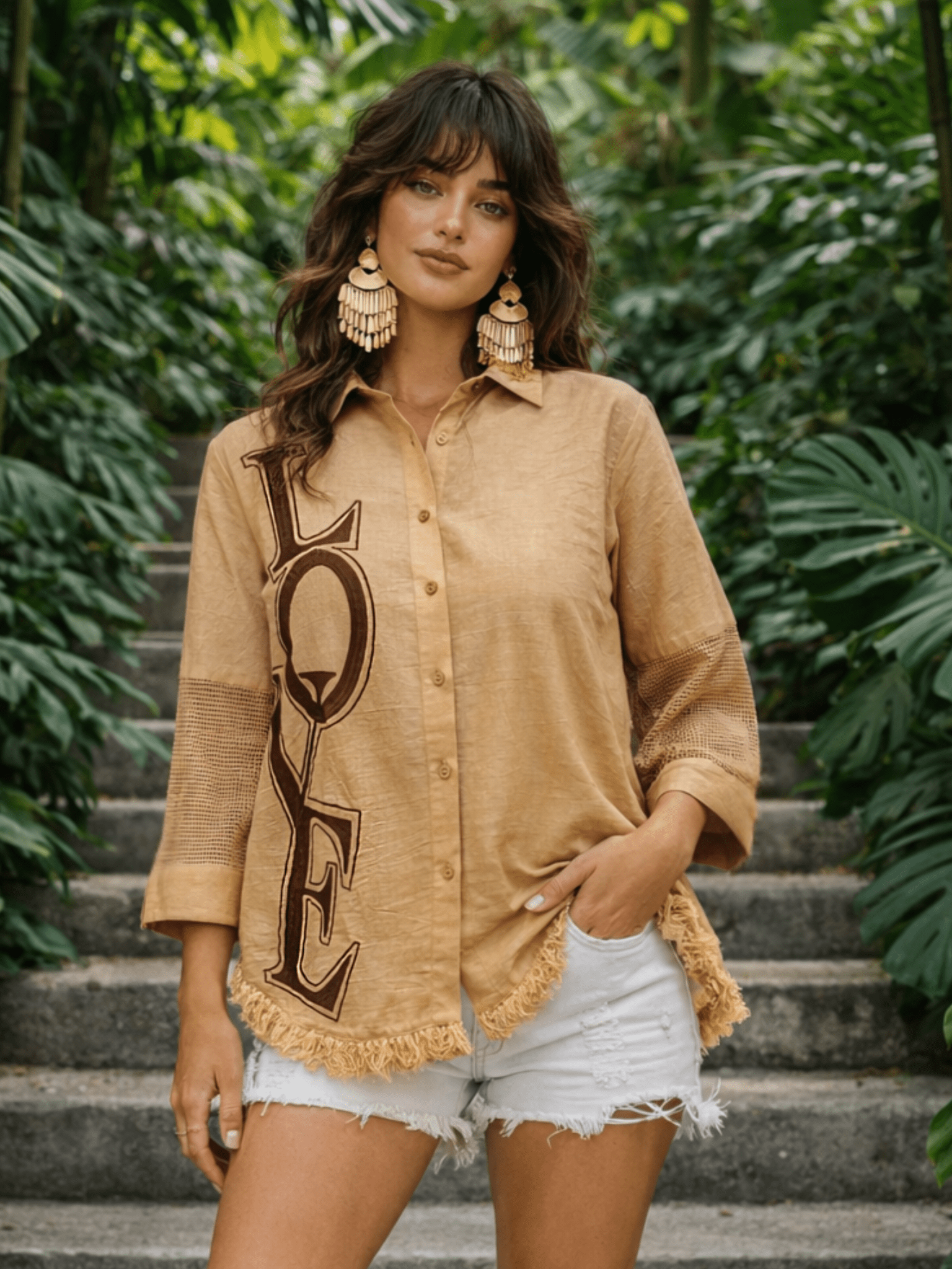 Beige Embroidered Love Shirt with Fringe Hem - Freyaa USA & Canada