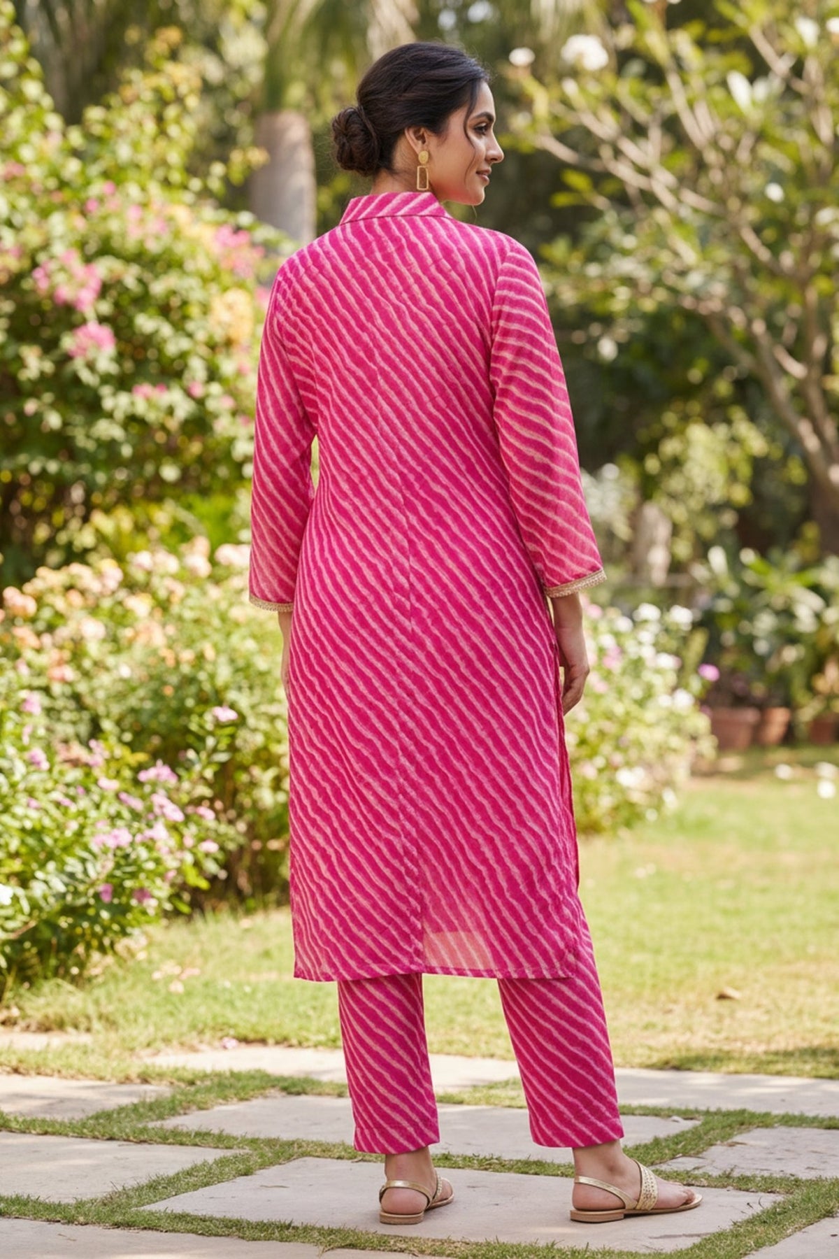 Rani Pink Georgette Leheriya Tunic With Pant Co-Ord Set. - Freyaa