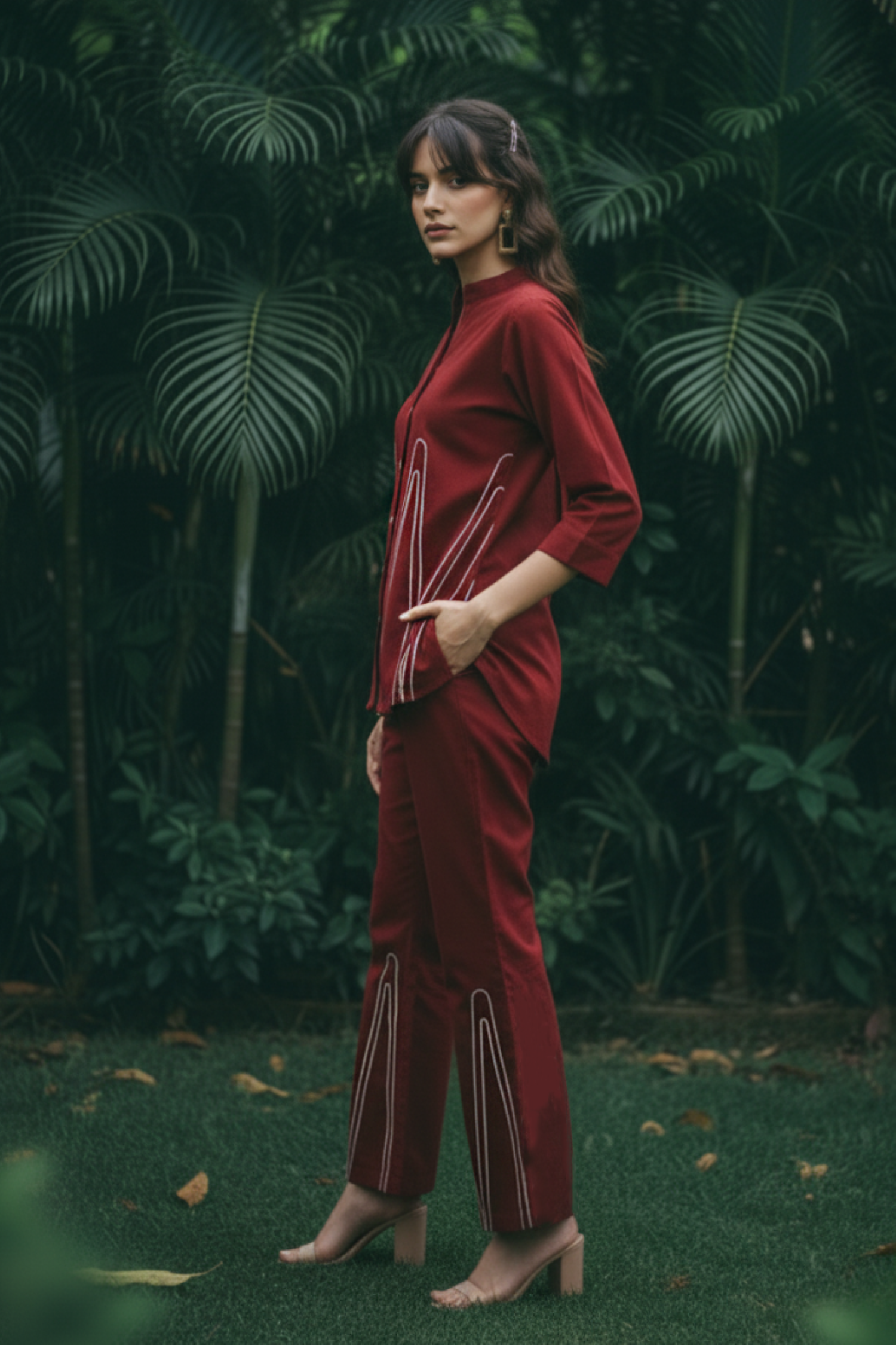 Women's Linen Cotton Maroon Red Relax Fit Cord Set. - Freyaa USA & Canada