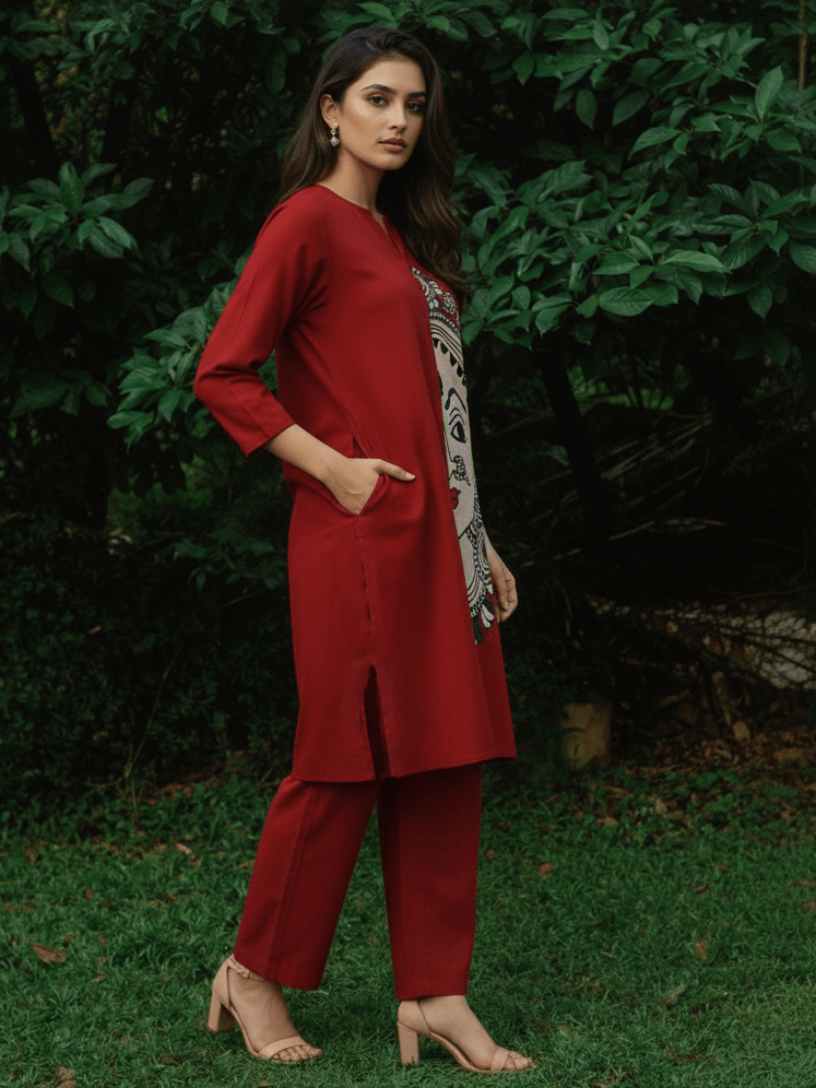 Maroon Printed Kurta Pant Co-Ord Set with Ethnic Face Motif - Freyaa USA & Canada