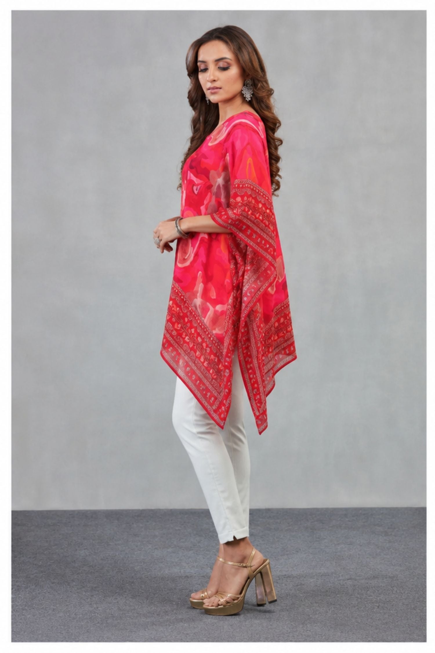 Red Abstract Print Chinon Short Kaftan