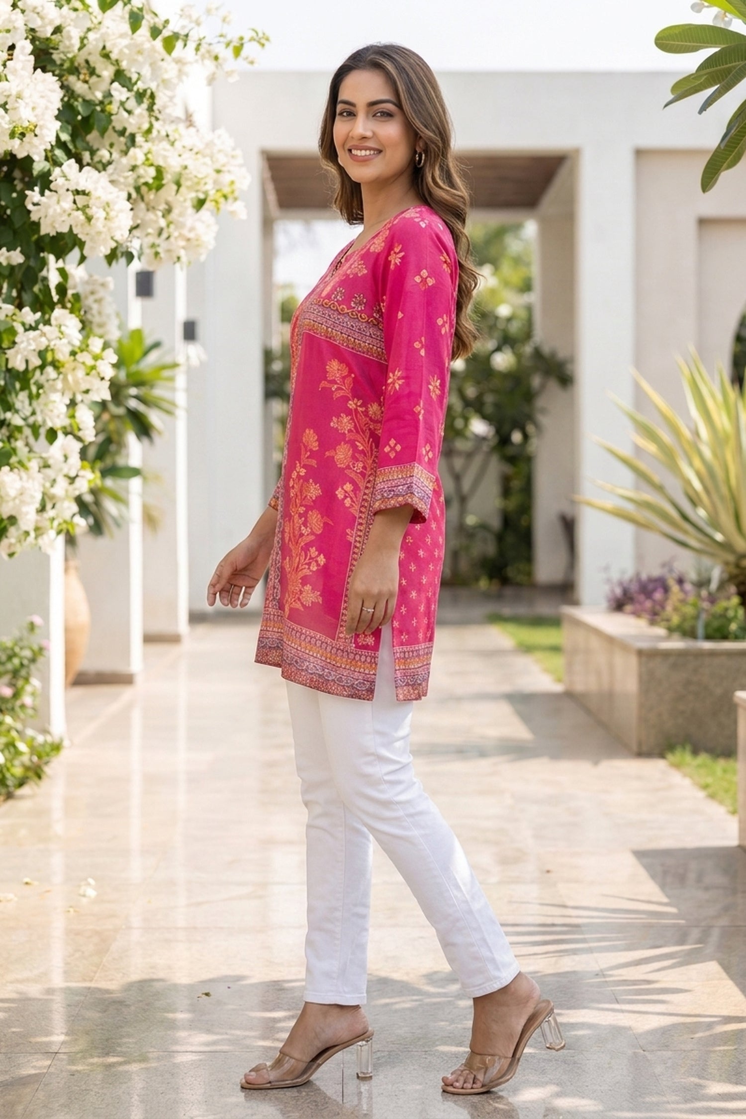 Fuchsia Pink Printed Straight Short Kurti Top