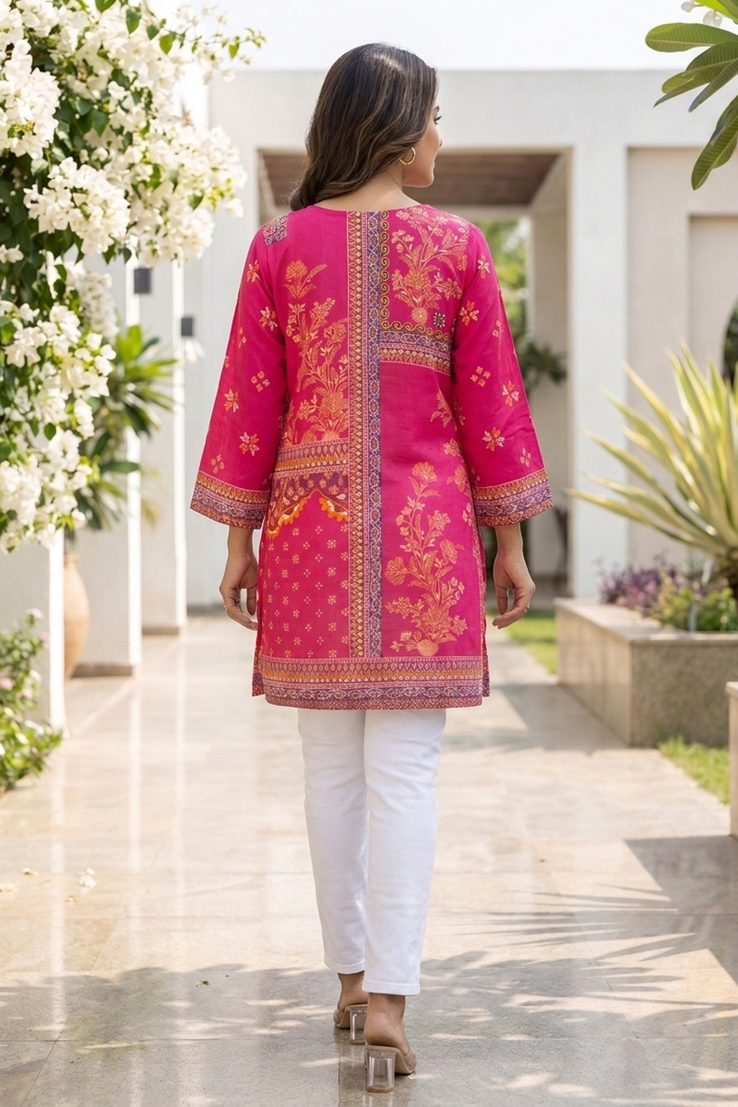 Fuchsia Pink Printed Straight Short Kurti Top
