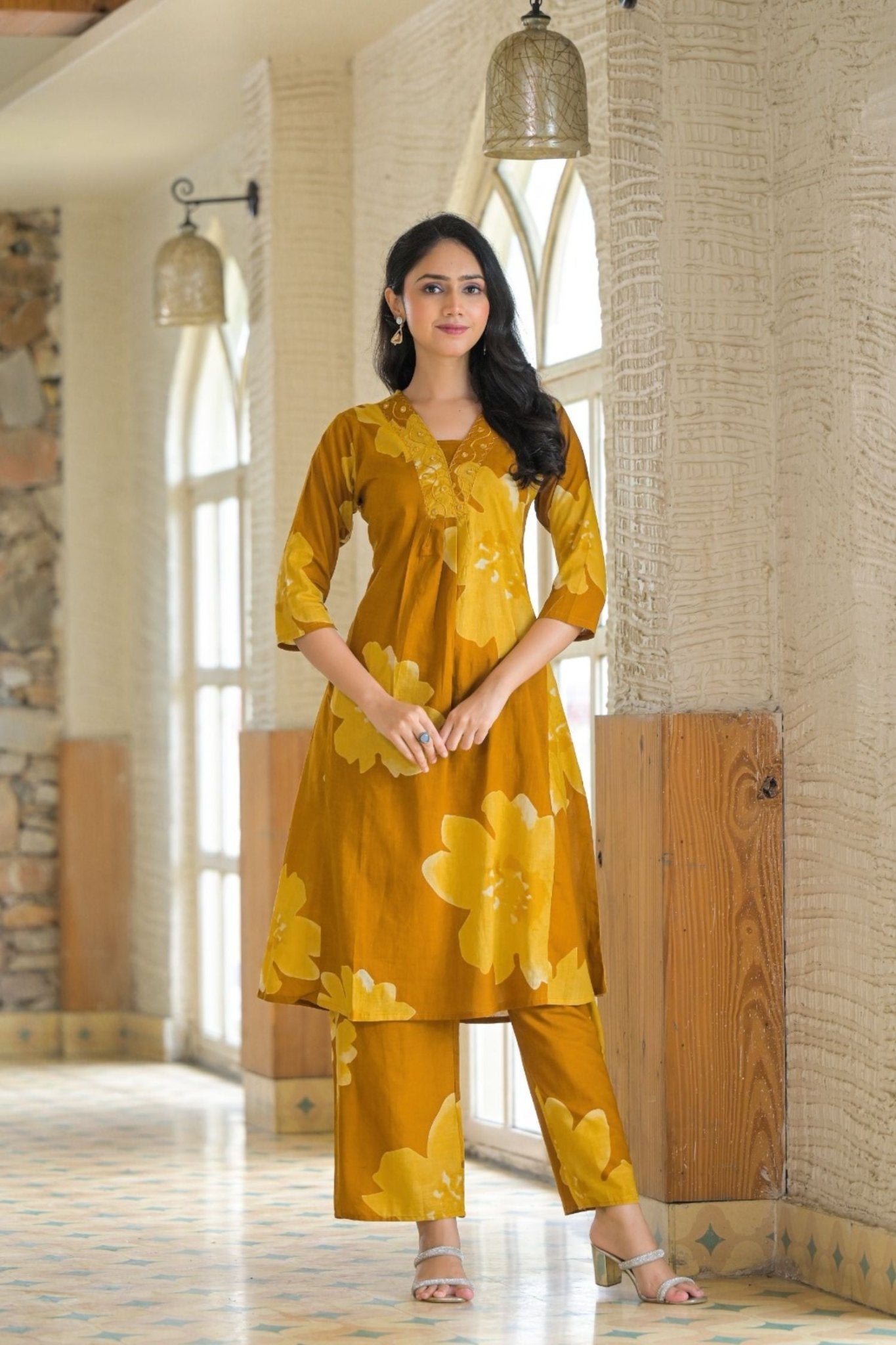 Yellow Minimal Print Cotton Co-ord Set - Freyaa USA & Canada