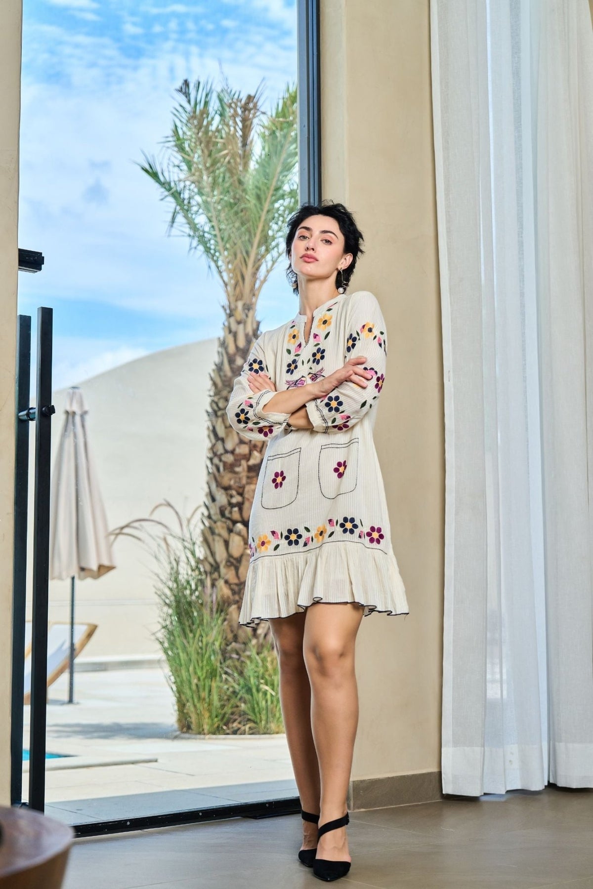 Off-White Tunic with Graceful Floral Print Detailing - Freyaa