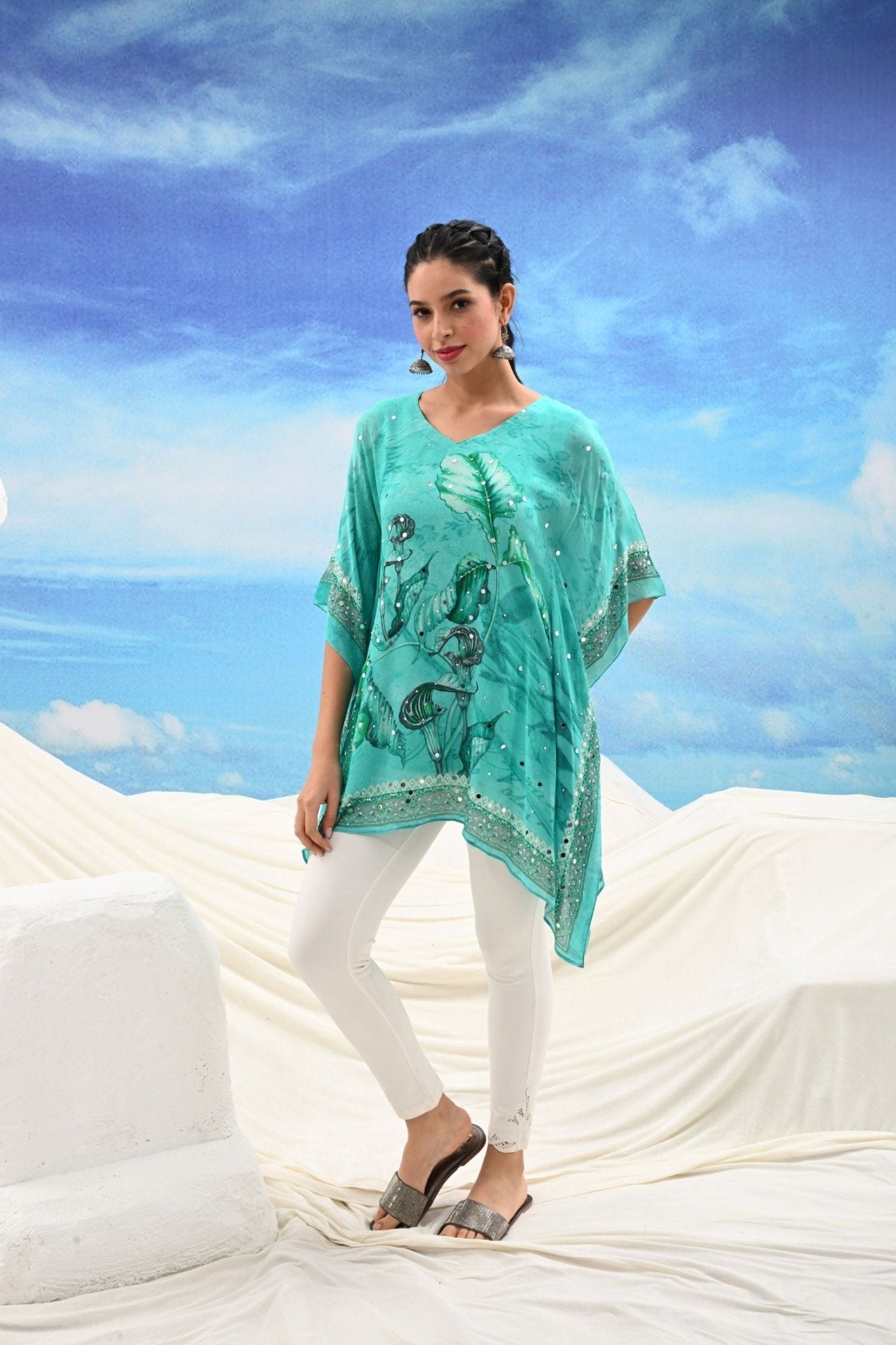 Turquoise Viscose Embroidered Kaftan Dress - Freyaa USA & Canada