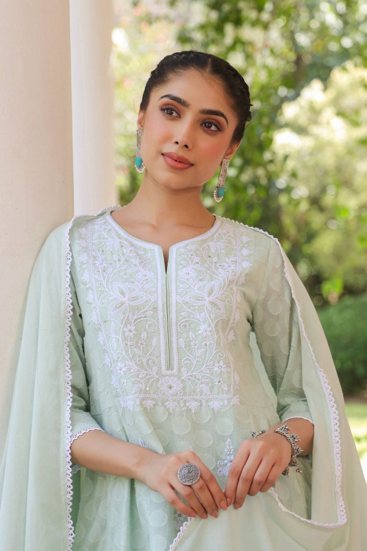 Freyaa Pista Green Self Design Calf-Length Anarkali Cotton Kurta Trouser Dupatta Set - Freyaa USA & Canada