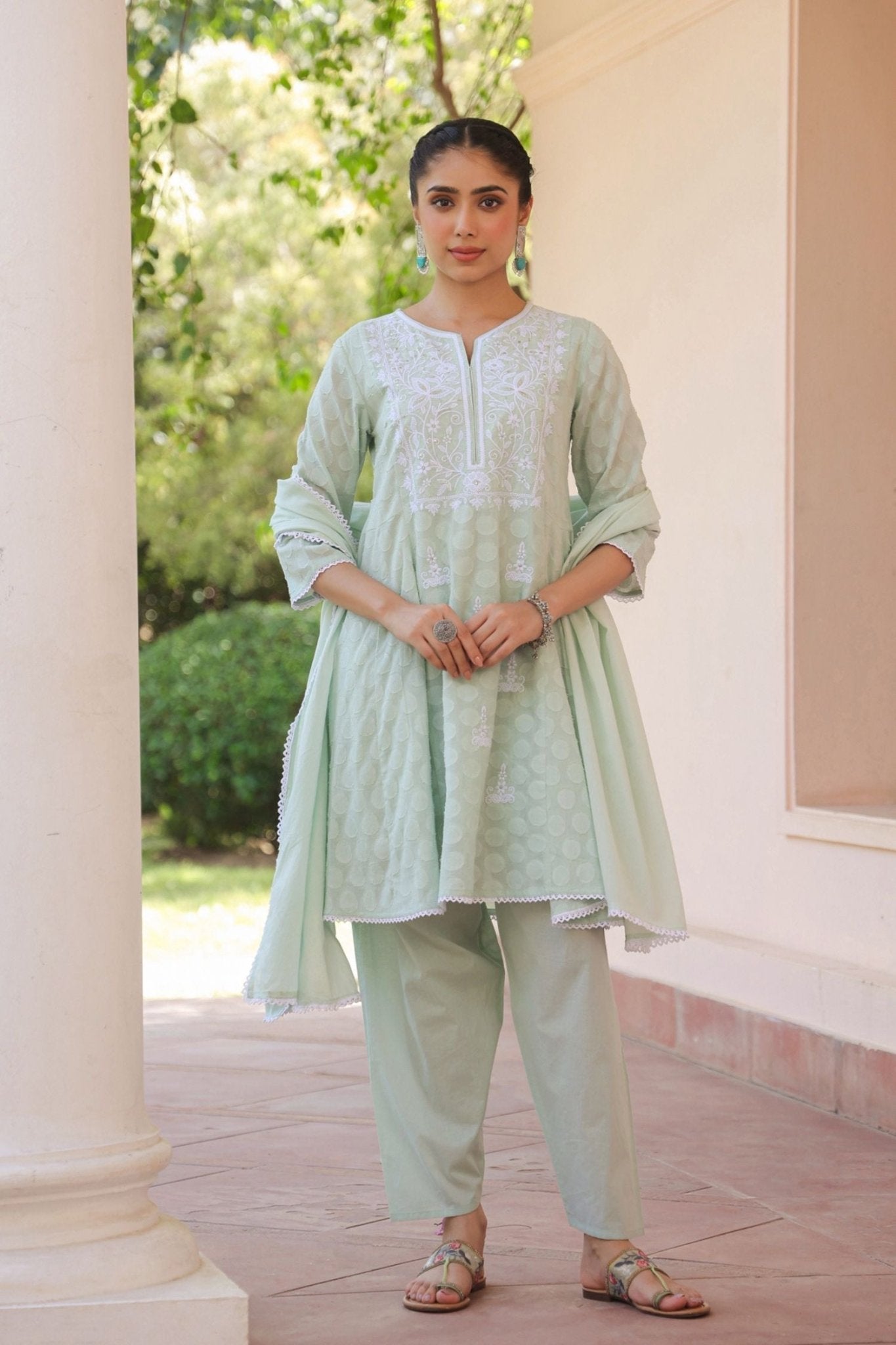 Freyaa Pista Green Self Design Calf-Length Anarkali Cotton Kurta Trouser Dupatta Set - Freyaa USA & Canada