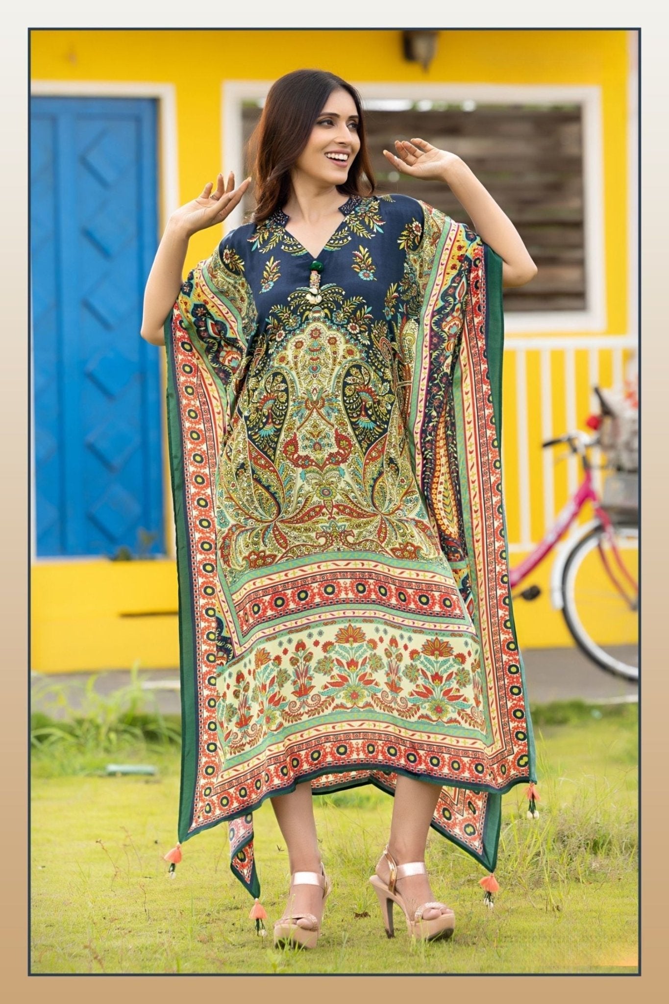Chic Blue Long Kaftan with Printed Patterns - Freyaa USA & Canada