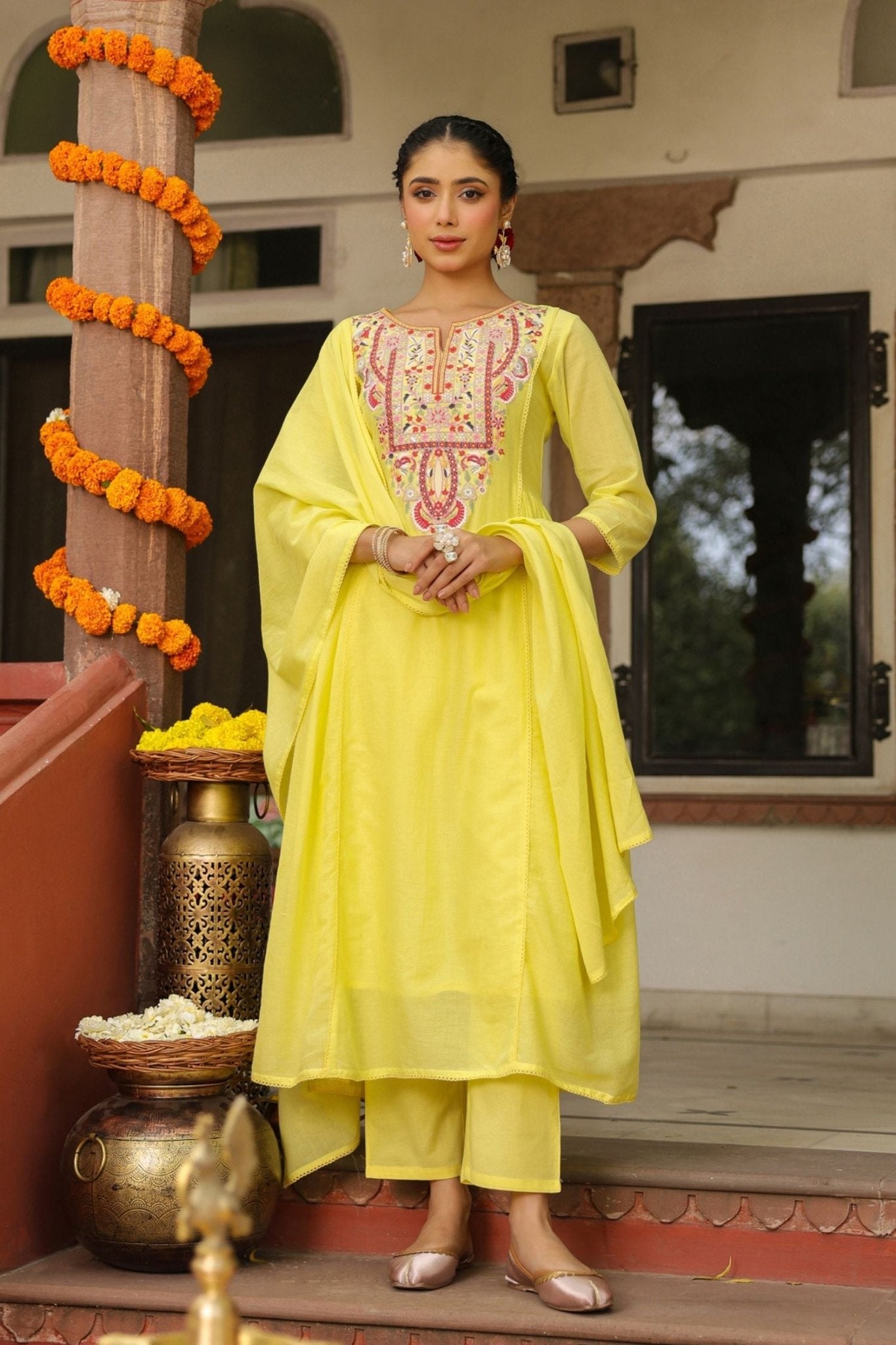 Freyaa Yellow Embroidered cotton Anarkali Suit With Dupatta - Freyaa USA & Canada